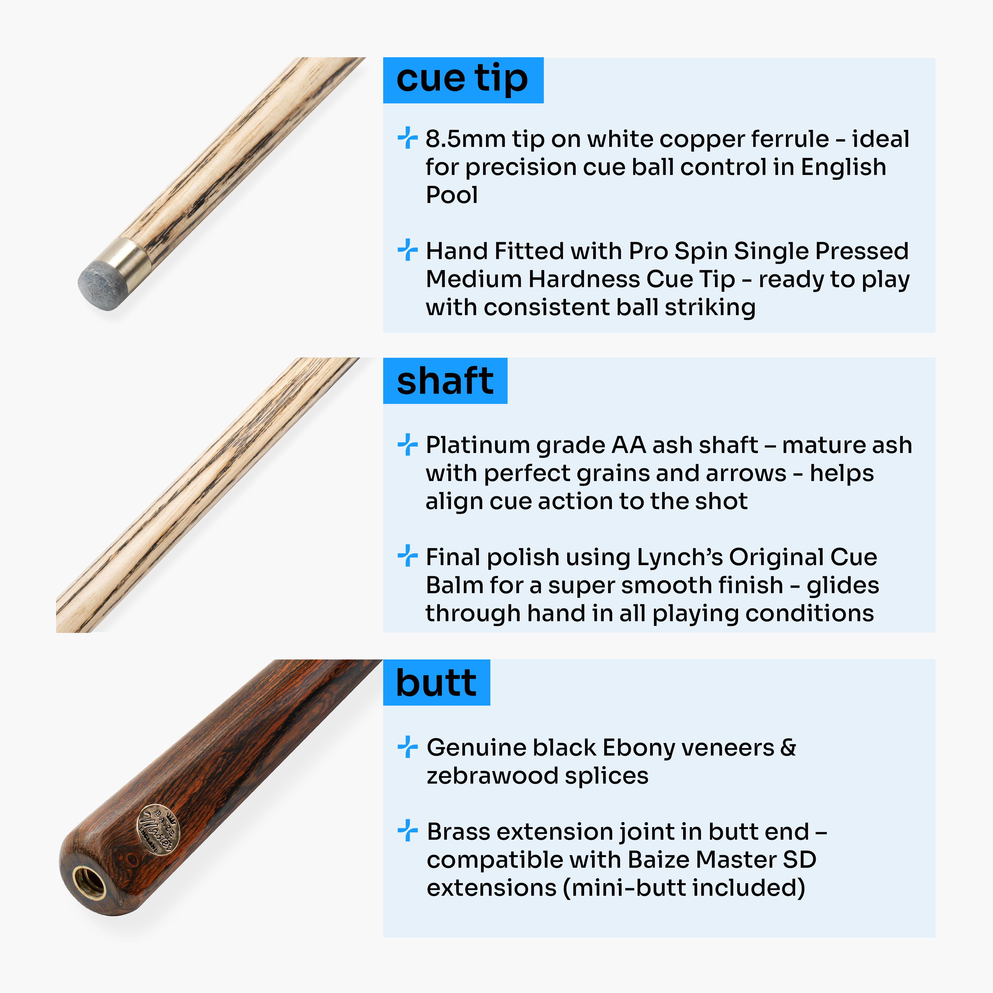 Baize Master Platinum Blue Flame 57-inch pool cue - 8.5mm tip