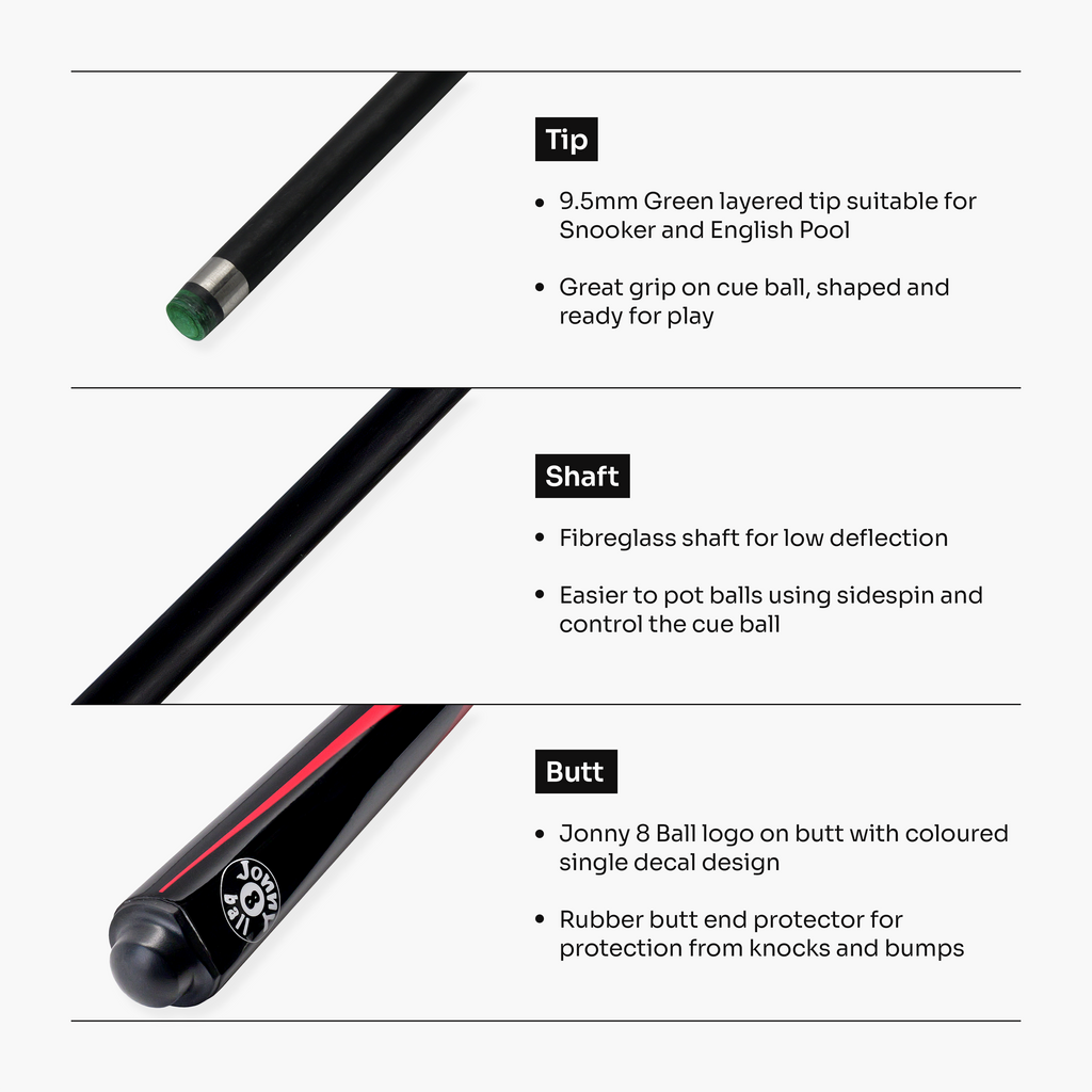 Jonny 8 Ball Inferno 2 Piece Graphite Fiberglass Snooker and Pool Cue 9.5mm Green Layered Tip