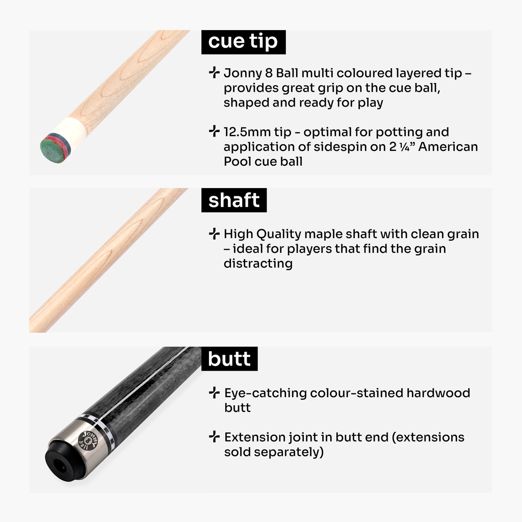 Jonny 8 Ball IRONWEAVE 2 Piece American Pool Cue with 12.5mm Layered Leather Tip