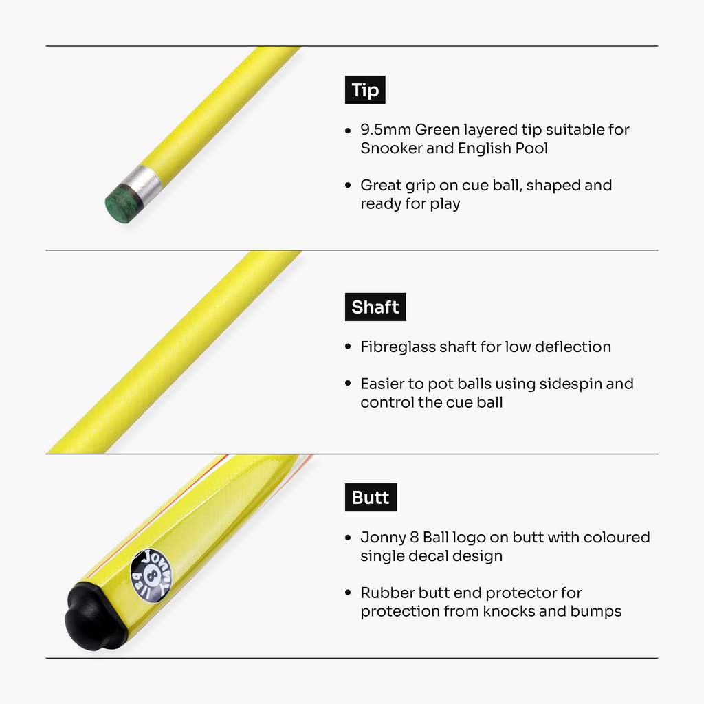 Jonny 8 Ball Inferno 2 Piece Graphite Fiberglass Snooker and Pool Cue 9.5mm Green Layered Tip