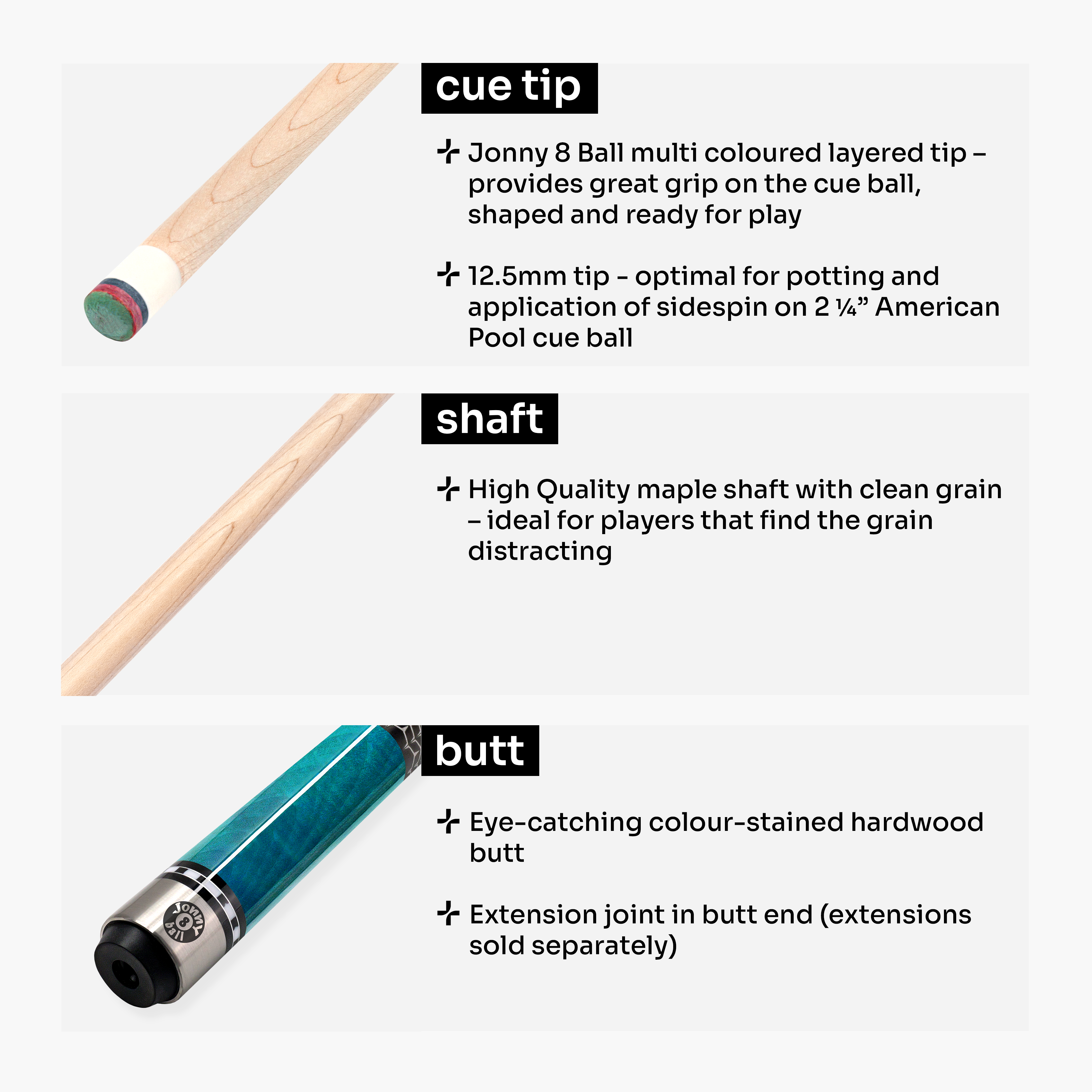 Jonny 8 Ball IRONWEAVE 2 Piece American Pool Cue with 12.5mm Layered Leather Tip