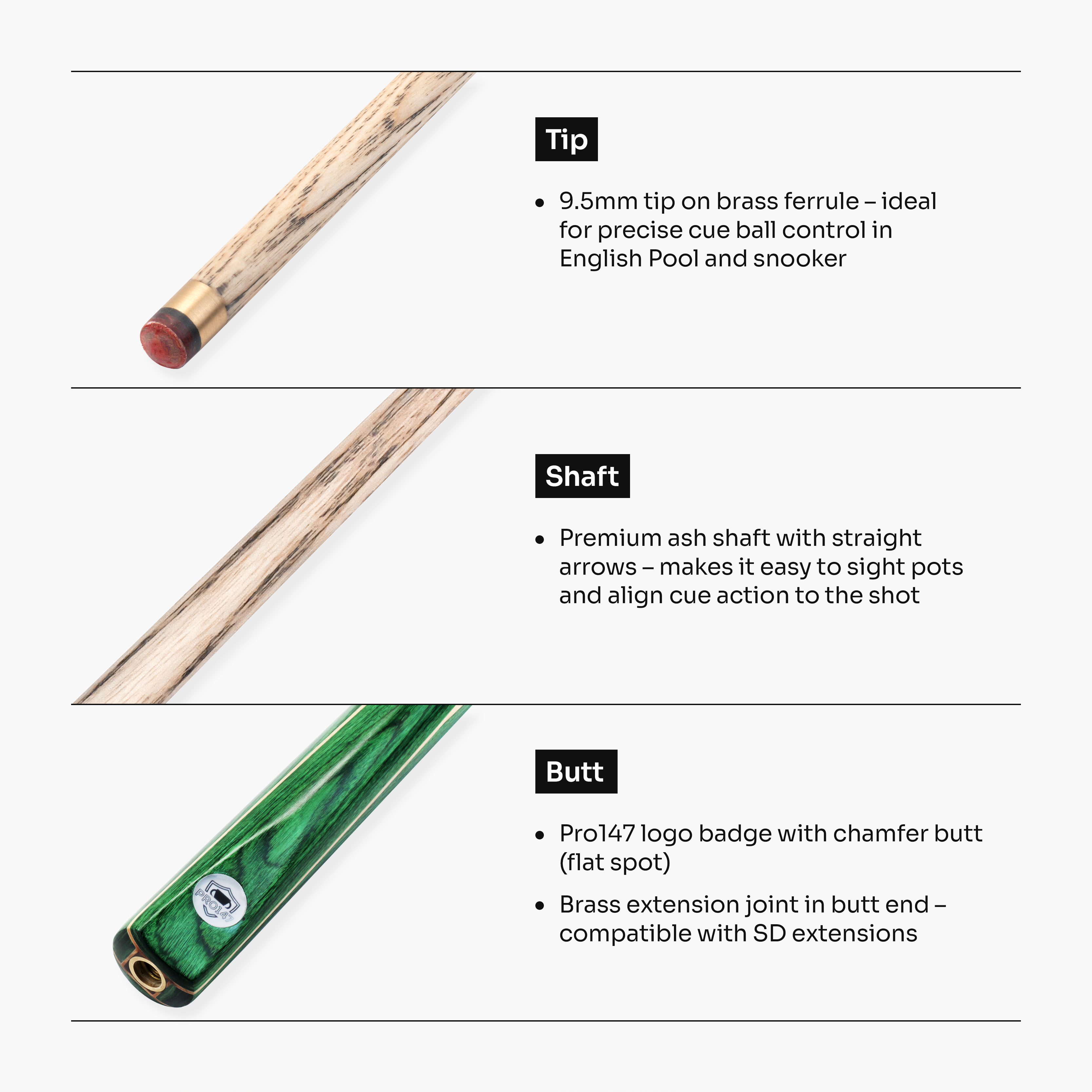 PRO147 Trident 57 Inch 1 Piece Hand Spliced Ash Snooker and Pool Cue with 9.5mm Tip