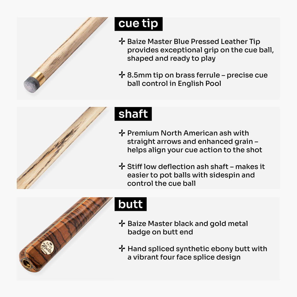 Baize Master Tiger Marksman ¾ Joint English Pool Cue with 8.5mm Baize Master Blue Pressed Tip