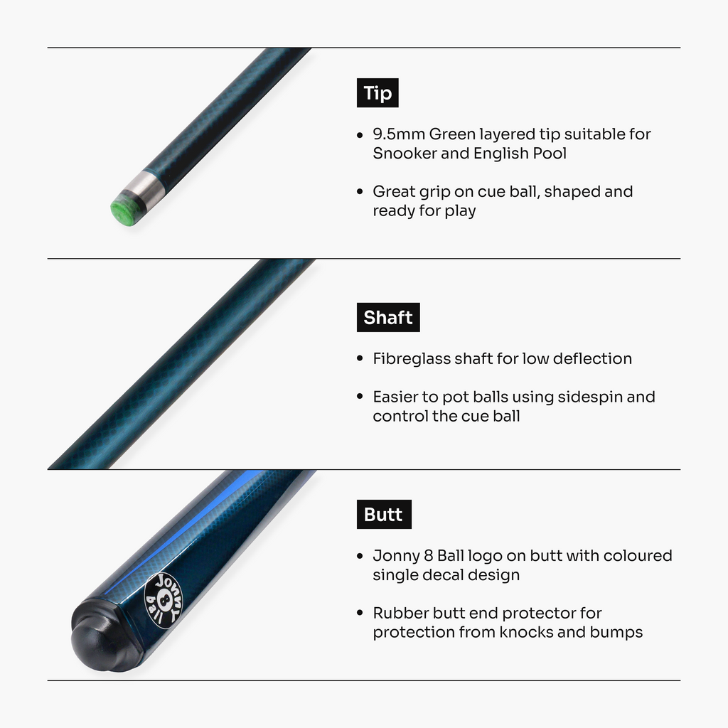 Jonny 8 Ball Inferno 2 Piece Graphite Fiberglass Snooker and Pool Cue 9.5mm Green Layered Tip