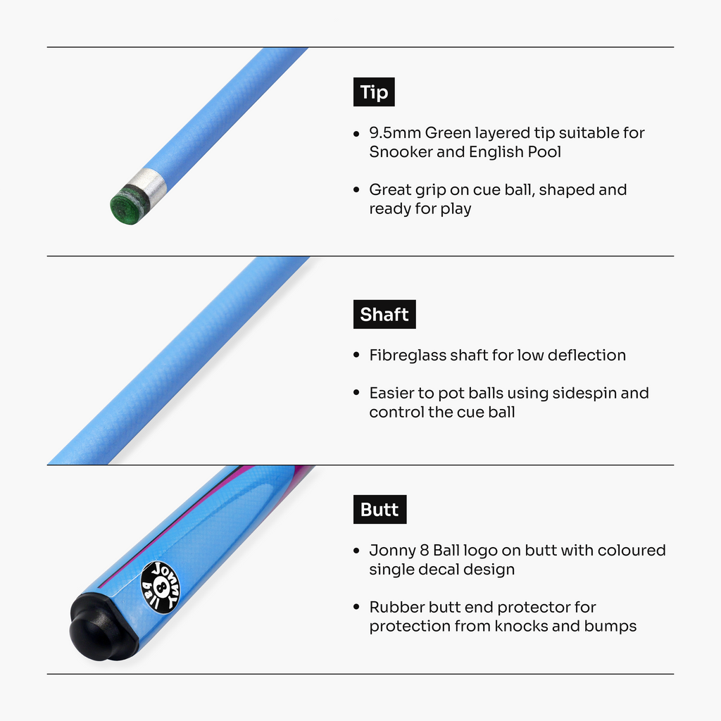 Jonny 8 Ball Inferno 2 Piece Graphite Fiberglass Snooker and Pool Cue 9.5mm Green Layered Tip