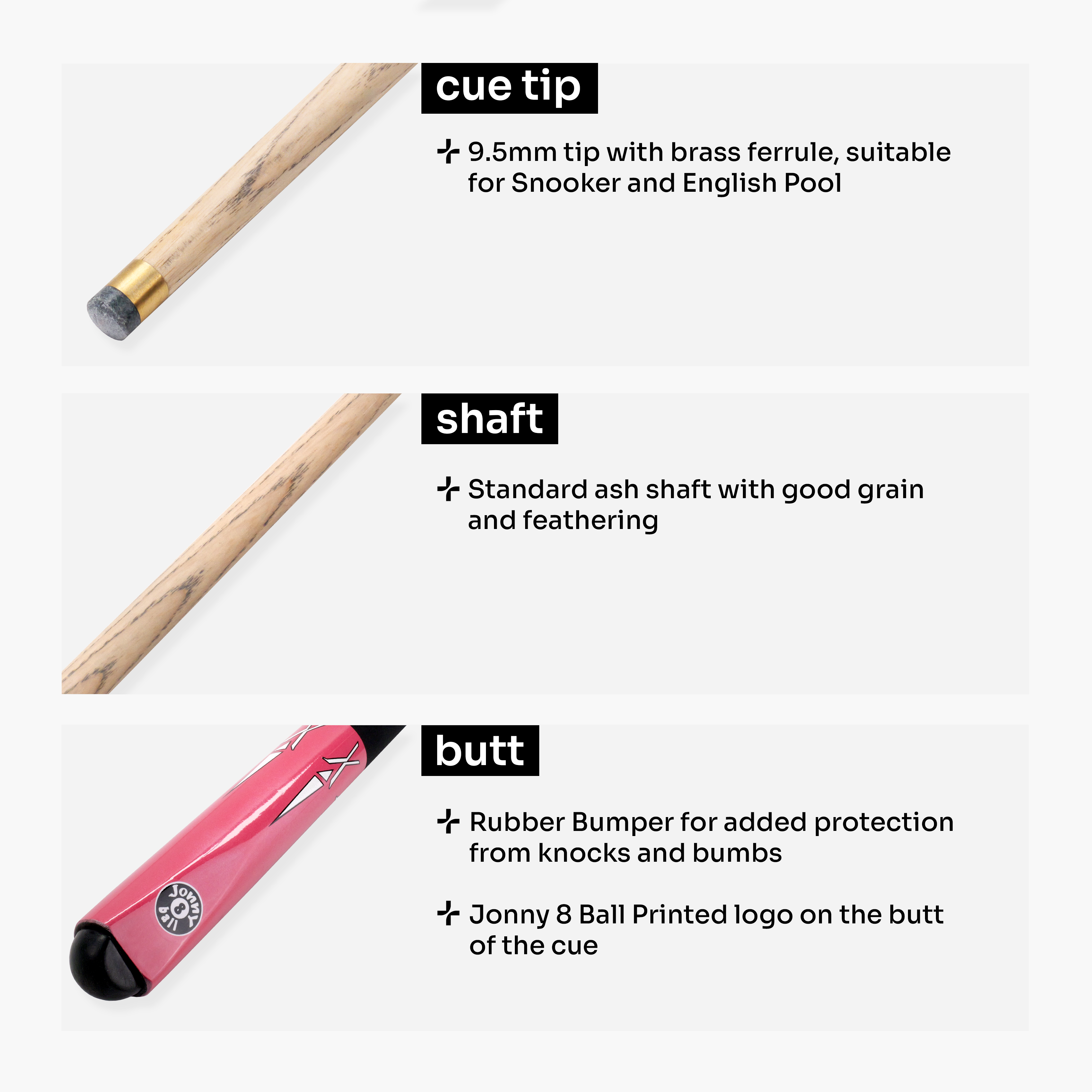 Jonny 8 Ball PINK TORPEDO 48 Inch 2 Piece Junior Kids Snooker Pool Cue 9.5mm Tip