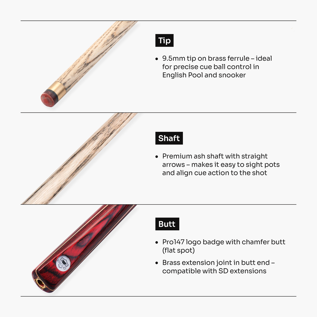 PRO147 Trident 57 Inch 1 Piece Hand Spliced Ash Snooker and Pool Cue with 9.5mm Tip