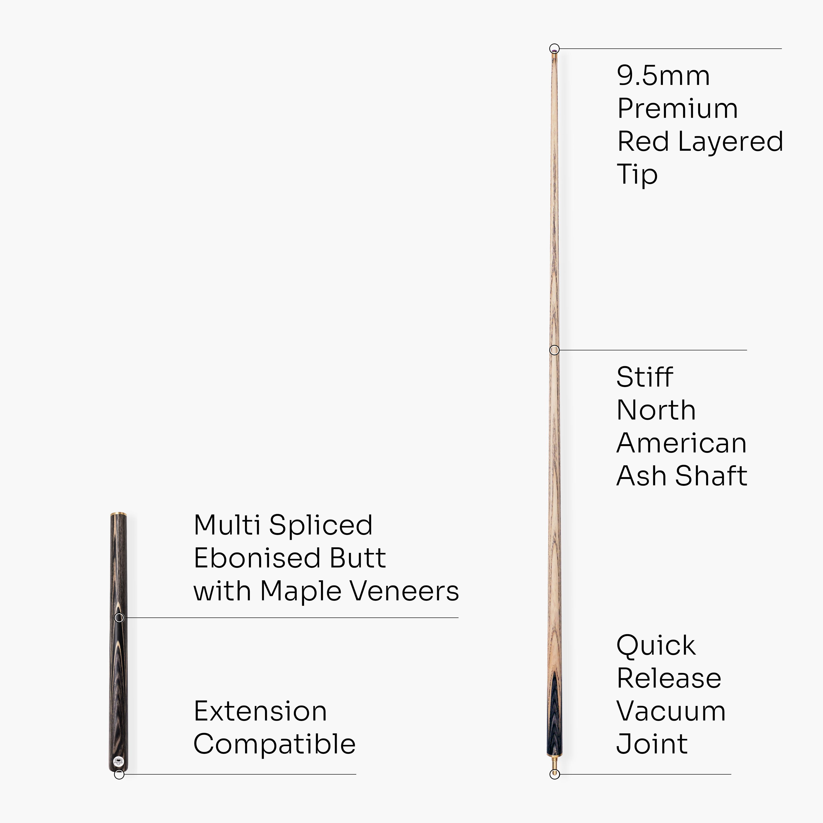 PRO147 Pearl Series Grey 57 Inch 3/4 Jointed Snooker Pool Cue 9.5mm Pro Leather Tip