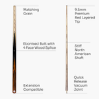 PRO147 Pearl Series Fire Hand Spliced 2 Piece 57 Inch Snooker Pool Cue with Smooth Premium Ash Shaft and Ebony Style Butt with 9.5mm Pro Leather Tip