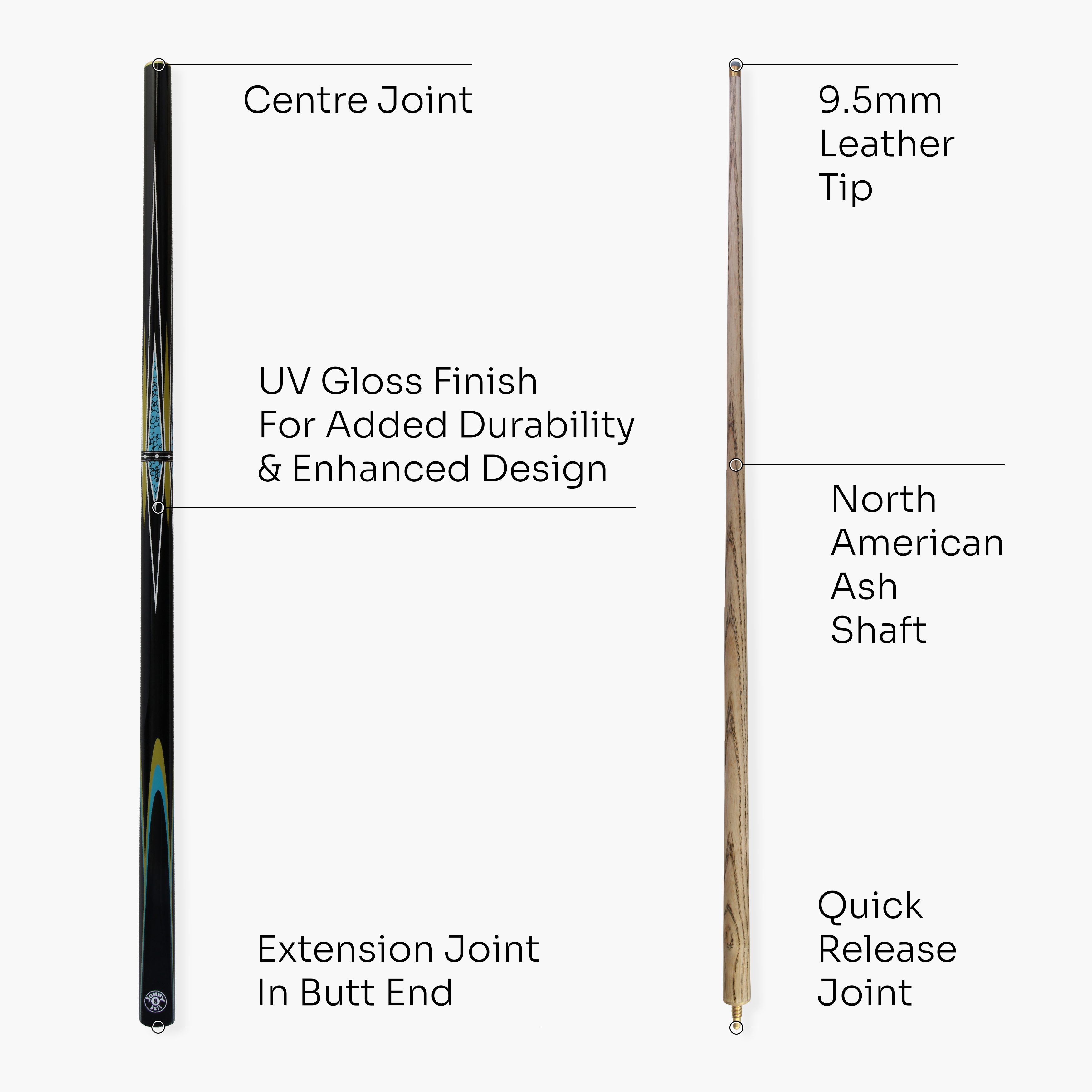 Jonny 8 Ball TRIDENT 57 Inch 2 Piece Centre Joint Ash Snooker Pool Cue with 9.5mm Tip