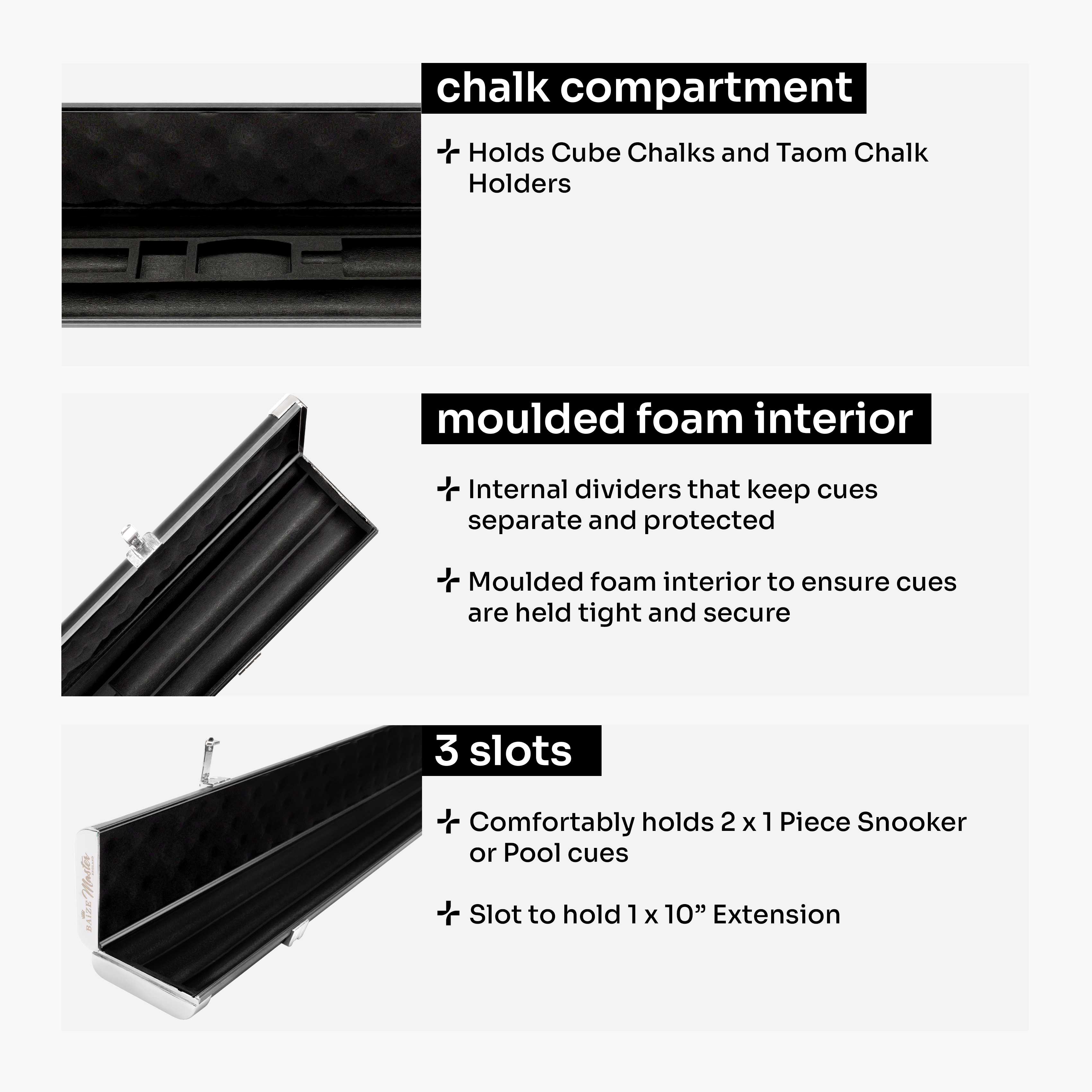 Baize Master Prestige Pro-Lock 1-piece metal cue case - 2 cues plus accessories