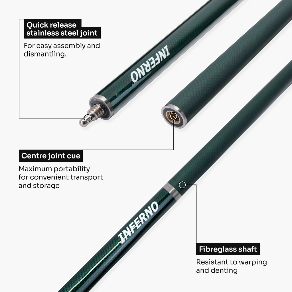 Jonny 8 Ball Inferno 2 Piece Graphite Fiberglass Snooker and Pool Cue 9.5mm Green Layered Tip