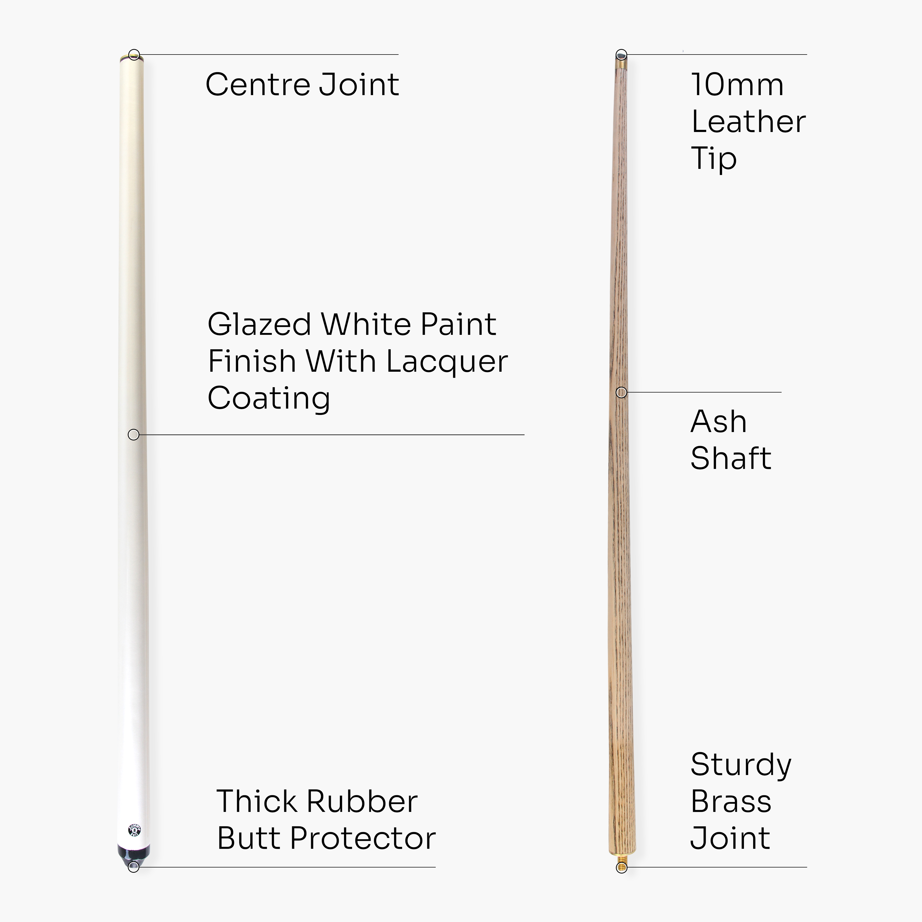 Jonny 8 Ball WHITE JET JUNIOR 48 inch 2pc Ash Pool Snooker Cue - 10mm Tip