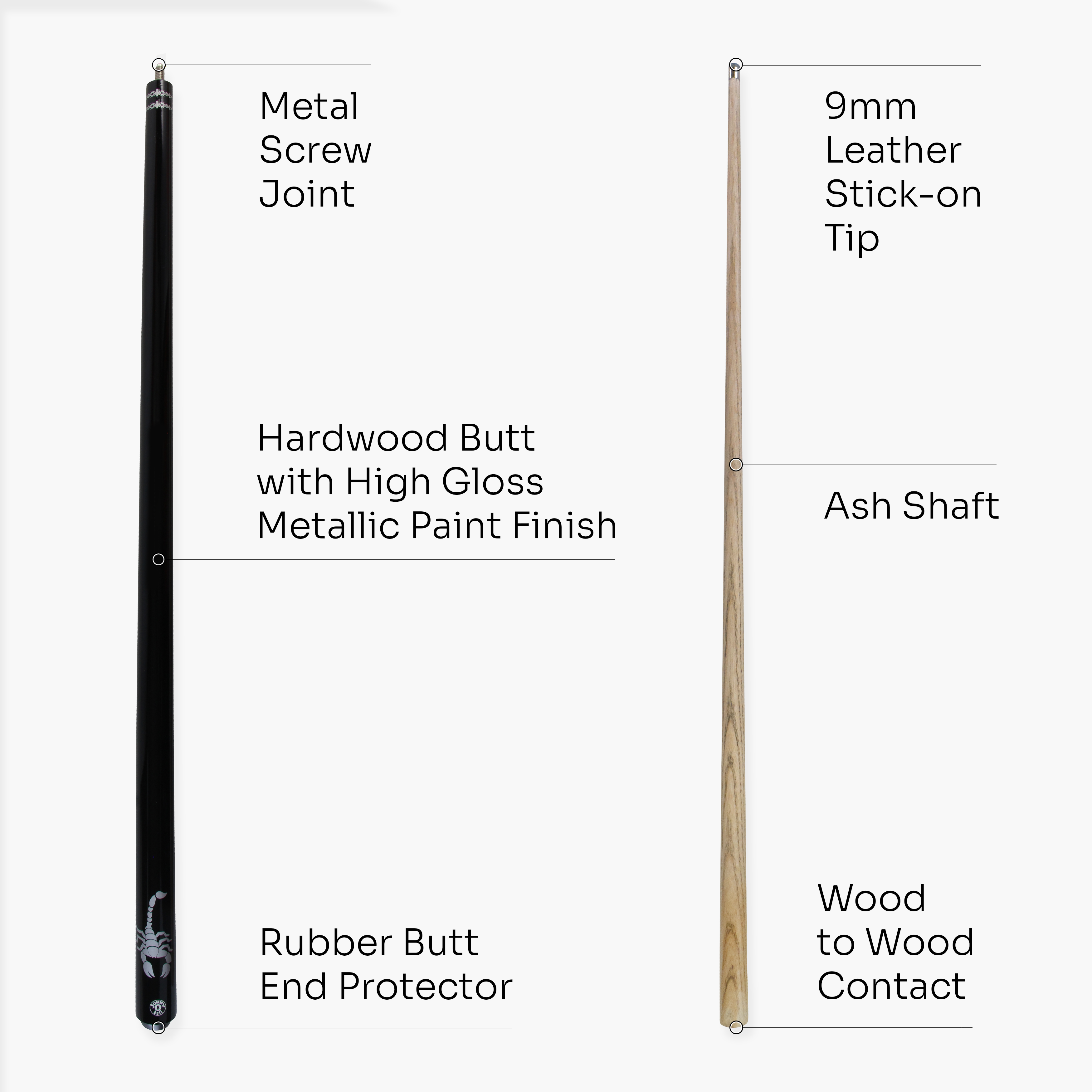 Jonny 8 Ball SCORPION 57 Inch 2 Piece Ash Snooker Pool Cue 9mm Tip with Hard Case