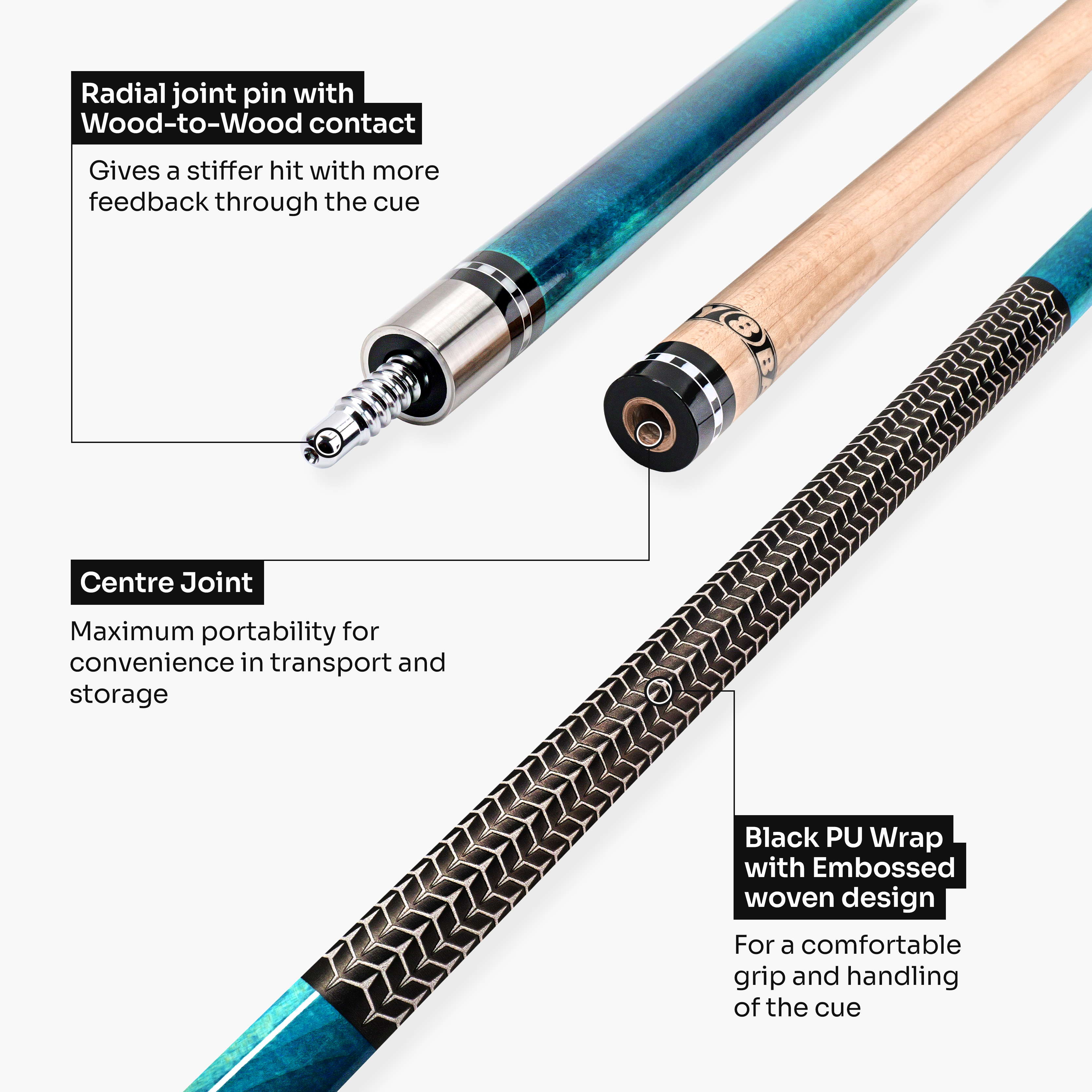 Jonny 8 Ball IRONWEAVE 2 Piece American Pool Cue with 12.5mm Layered Leather Tip