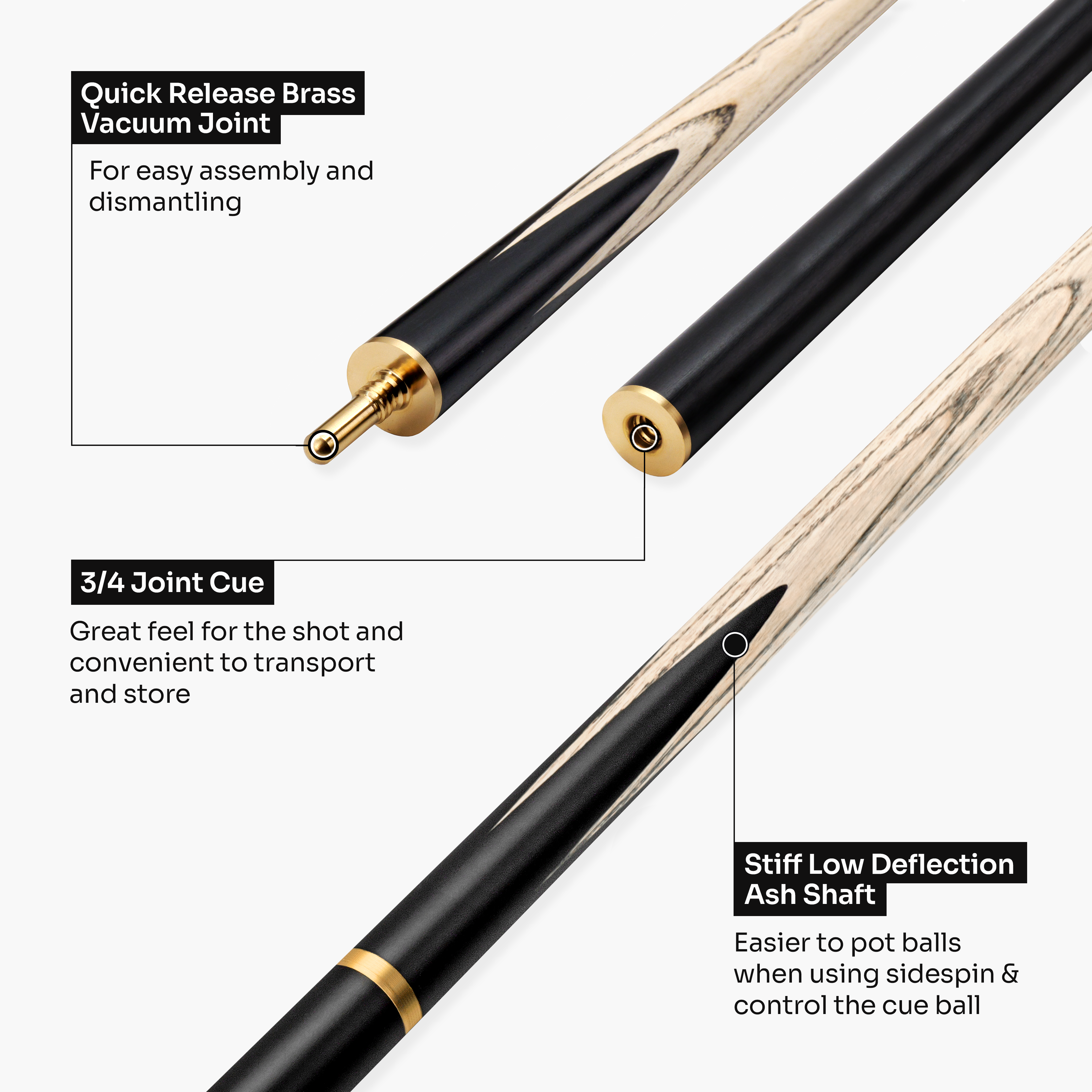 Baize Master Platinum Series Majestique 58 Inch ¾ Joint Hand Spliced Luxury Ash Snooker and Pool Cue with 9.5mm Baize Master Blue Pressed Tip and Genuine Ebony Butt