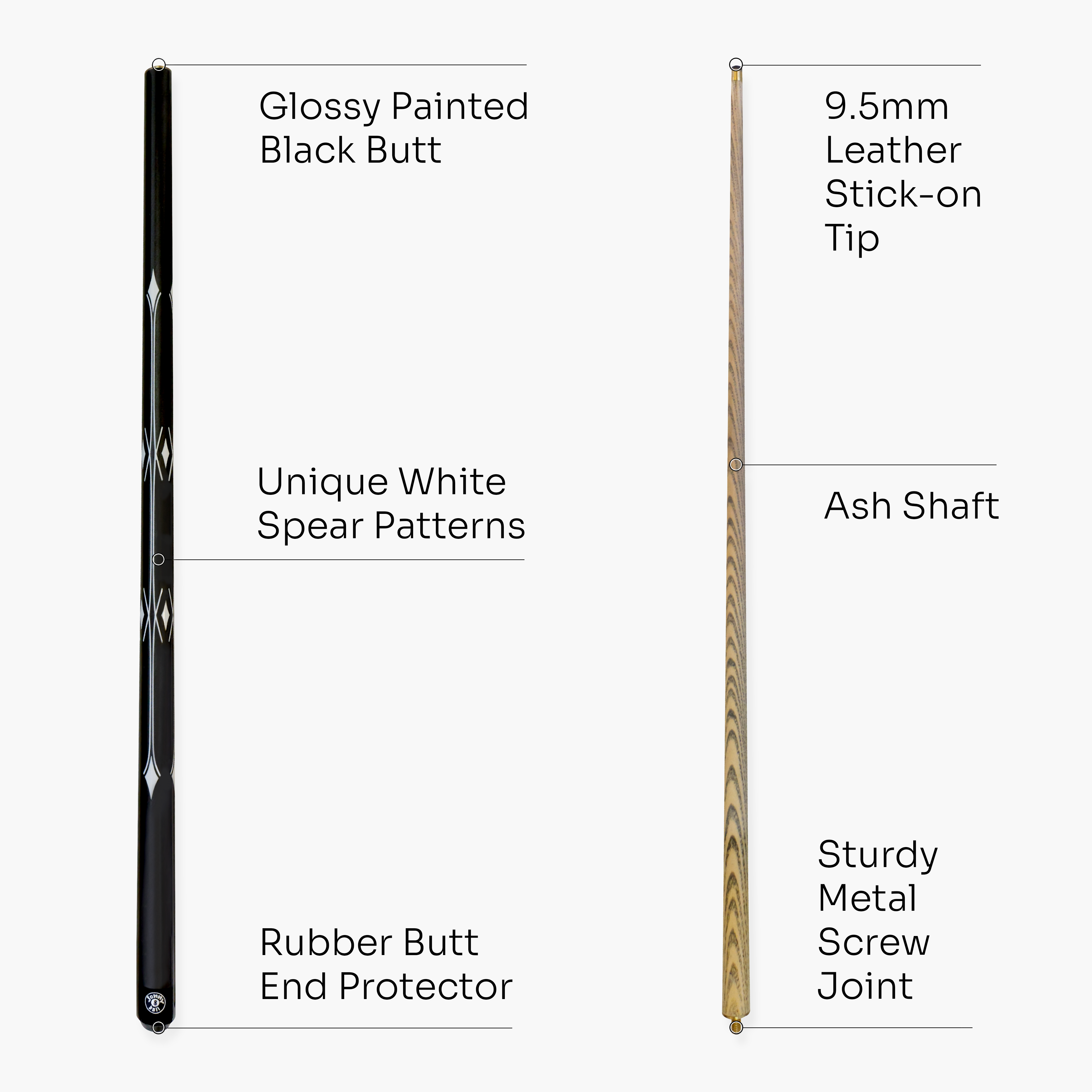 Jonny 8 Ball WHITE SPEAR 57 Inch 2 Piece Snooker Pool Cue and Case Set with 9.5mm Tip
