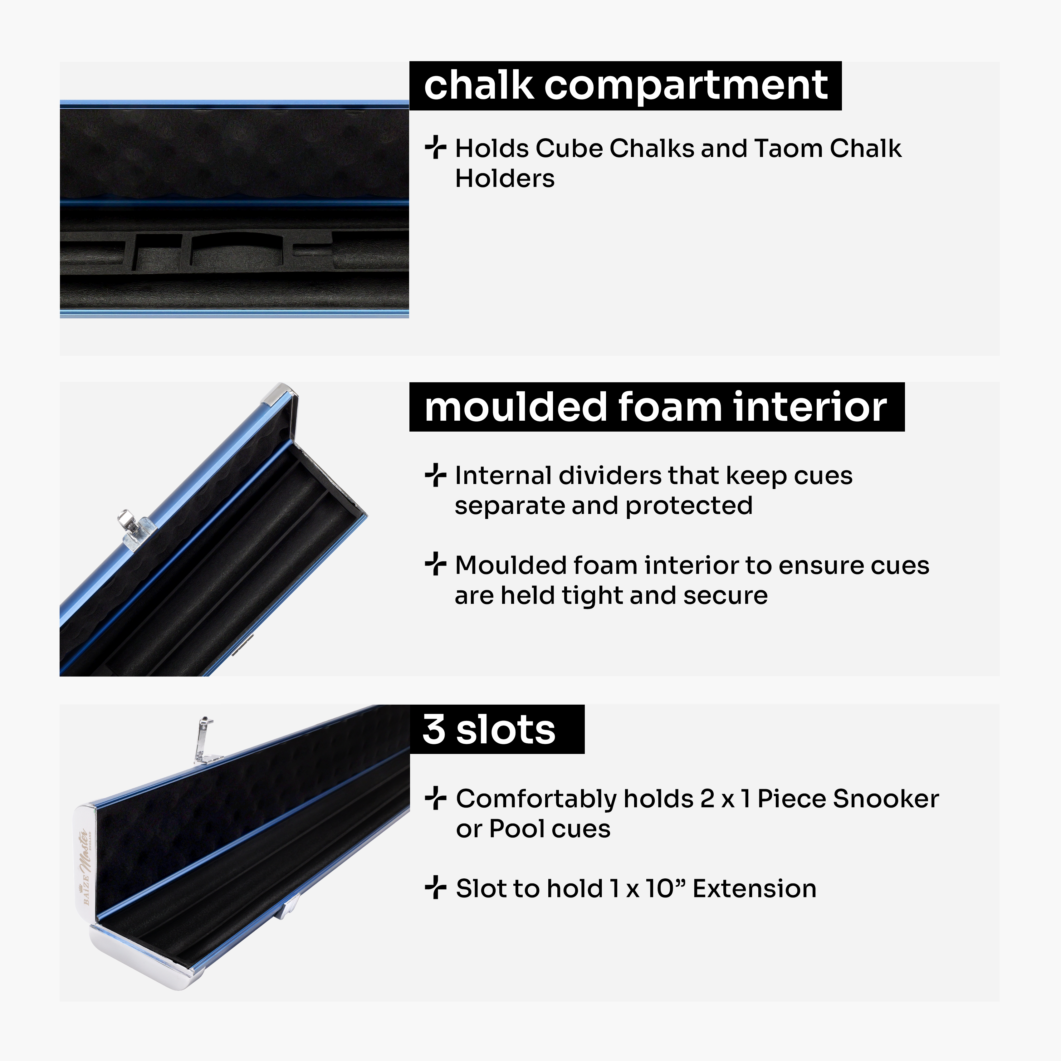 Baize Master Prestige Pro-Lock 1-piece metal cue case - 2 cues plus accessories