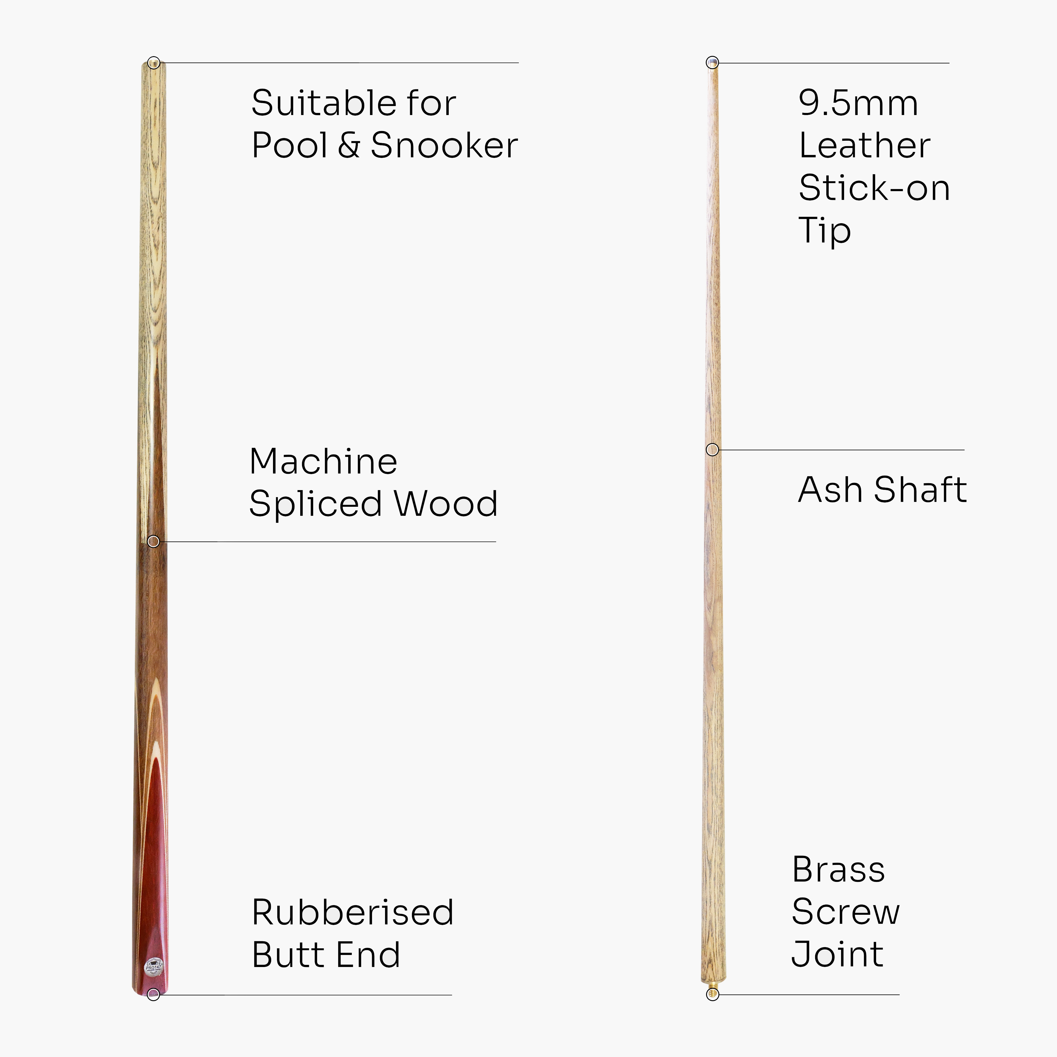 PRO147 FALCON 2 Piece Centre Joint Traditional Matching Ash Snooker Pool Cue with Machine Spliced Butt and 9.5mm Tip