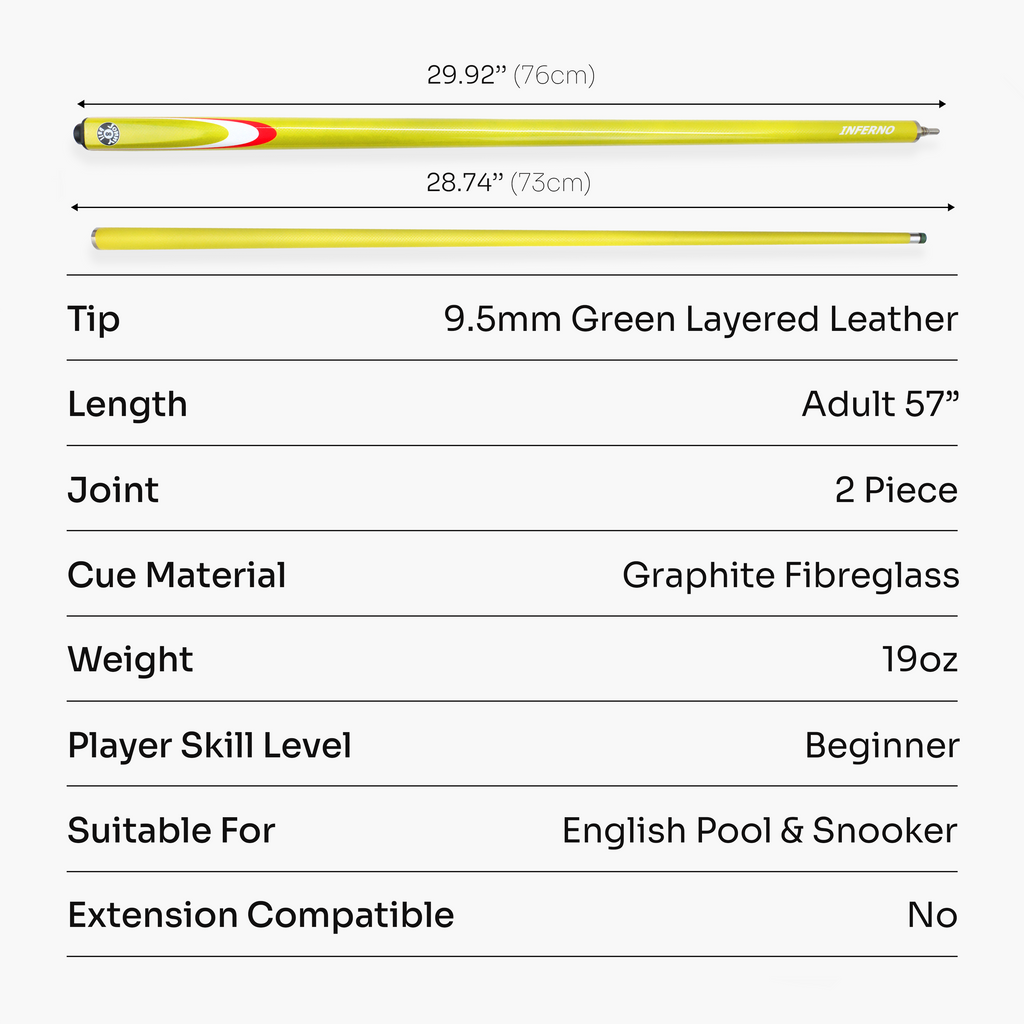 Jonny 8 Ball Inferno 2 Piece Graphite Fiberglass Snooker and Pool Cue 9.5mm Green Layered Tip