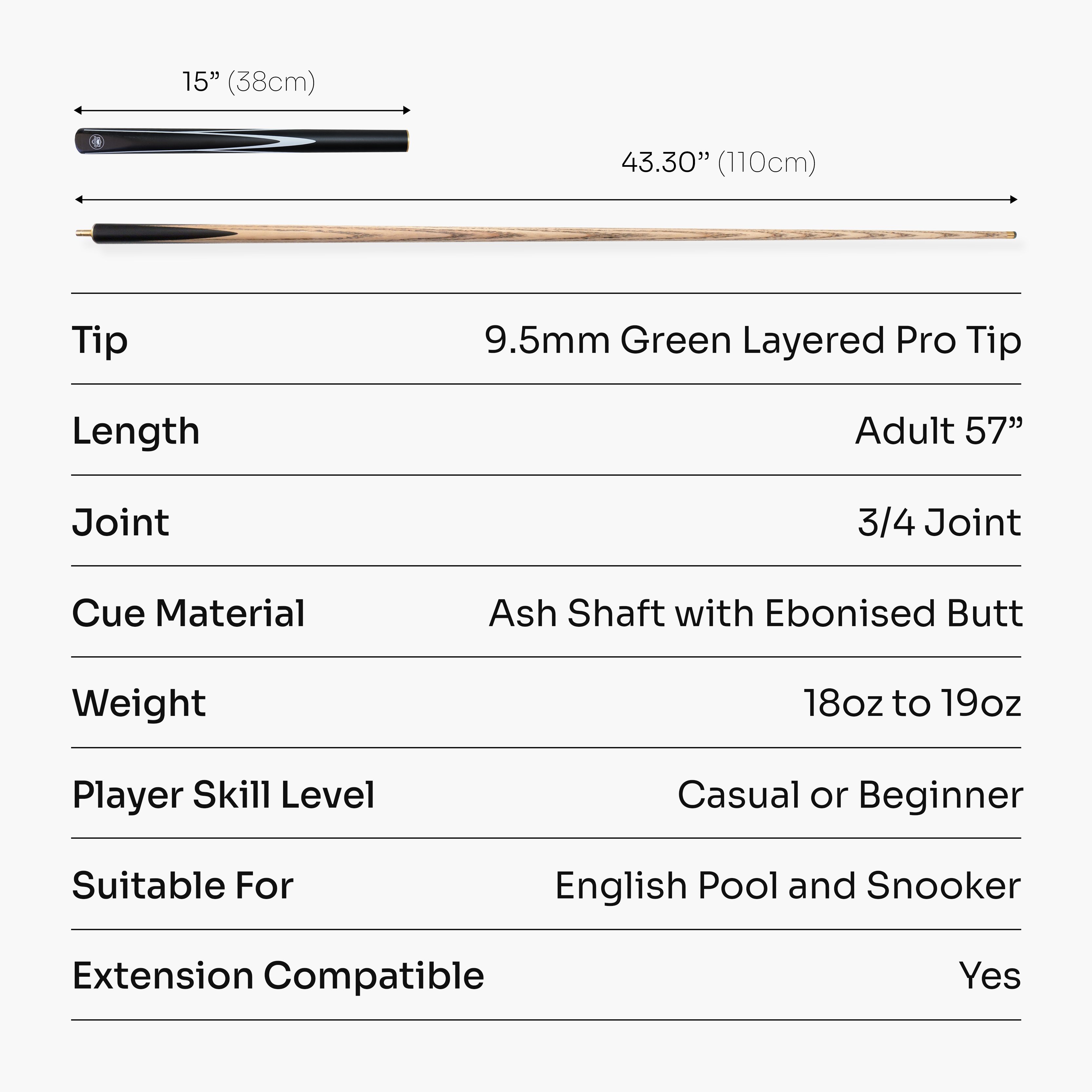 PRO147 Black & White STRIKER 57 Inch 3/4 Snooker Pool Cue with 9.5mm Tip - Mini Butt Included
