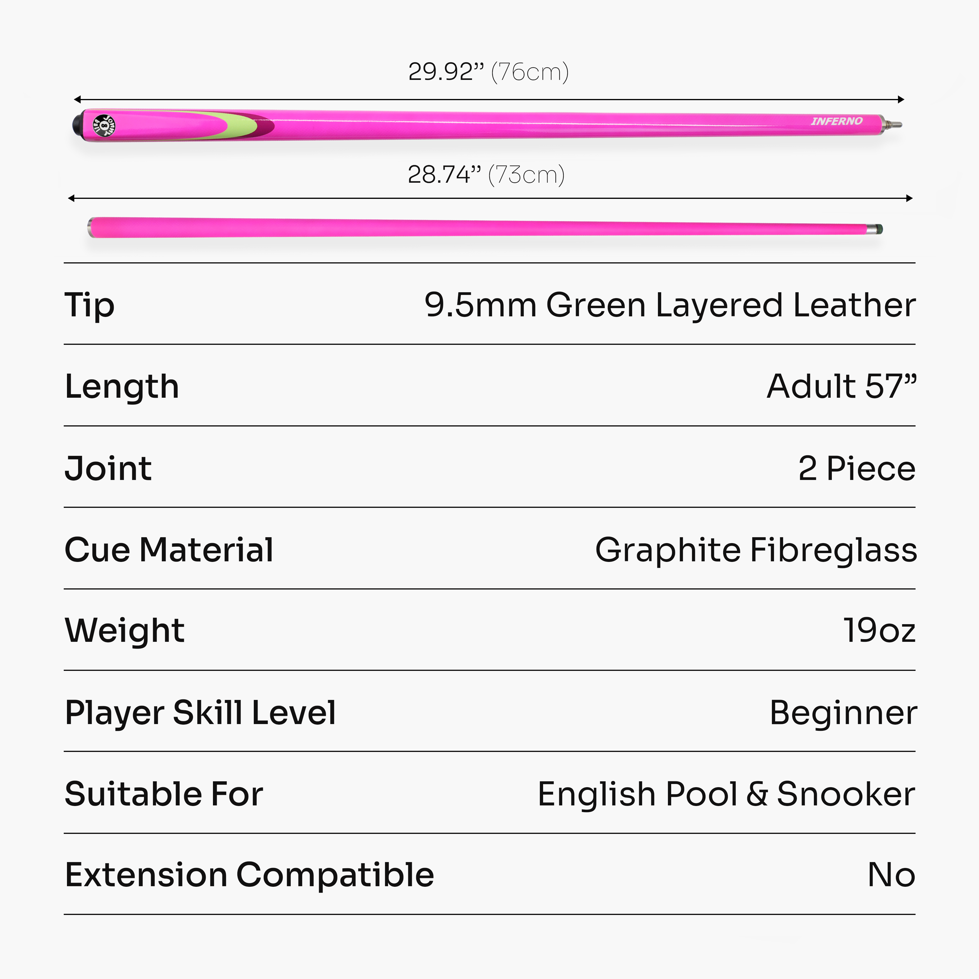 Jonny 8 Ball Inferno 2 Piece Graphite Fiberglass Snooker and Pool Cue 9.5mm Green Layered Tip