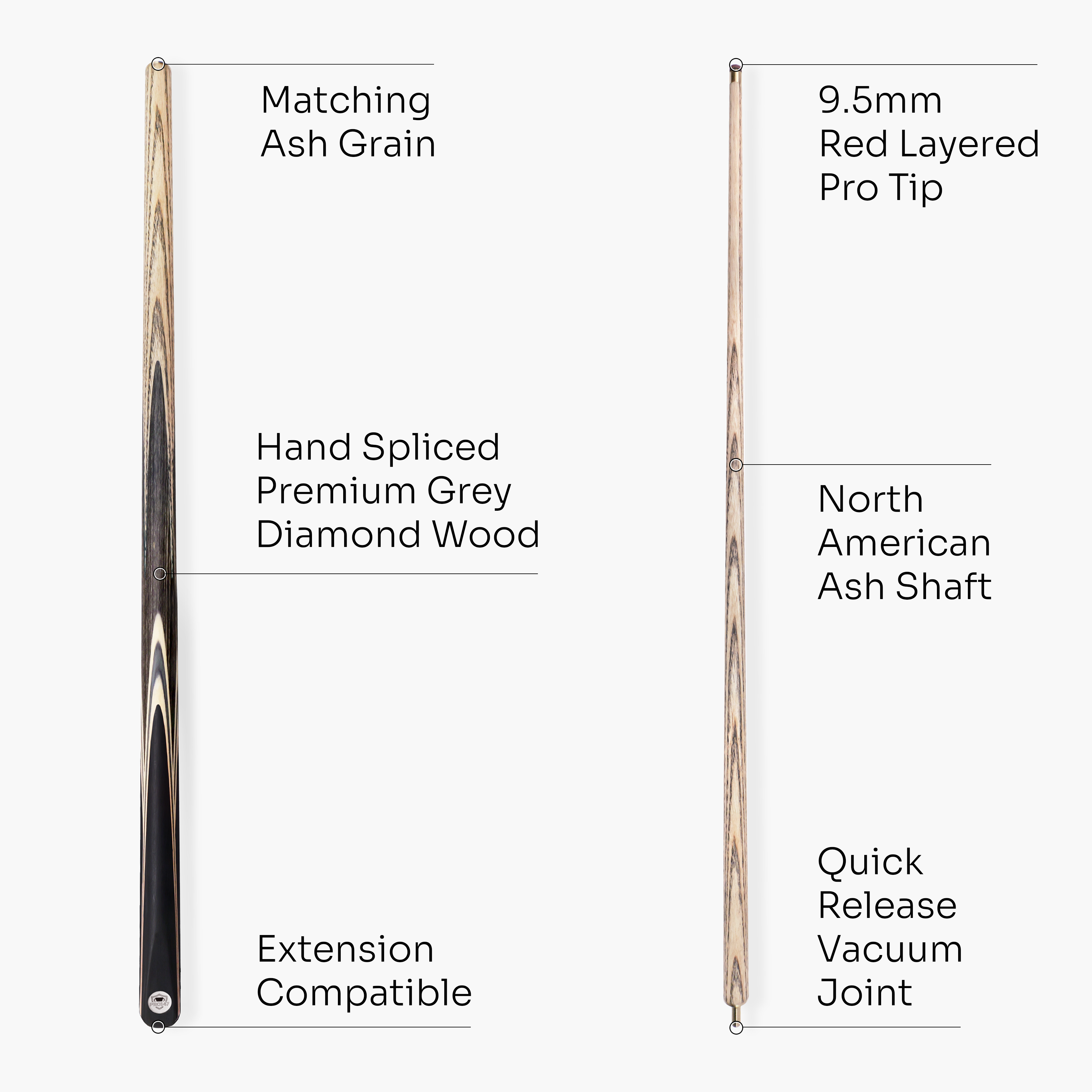 PRO147 TRIUMPH 2 Piece Premium Ash Snooker and Pool Cue with 9.5mm Professional Layered Tip