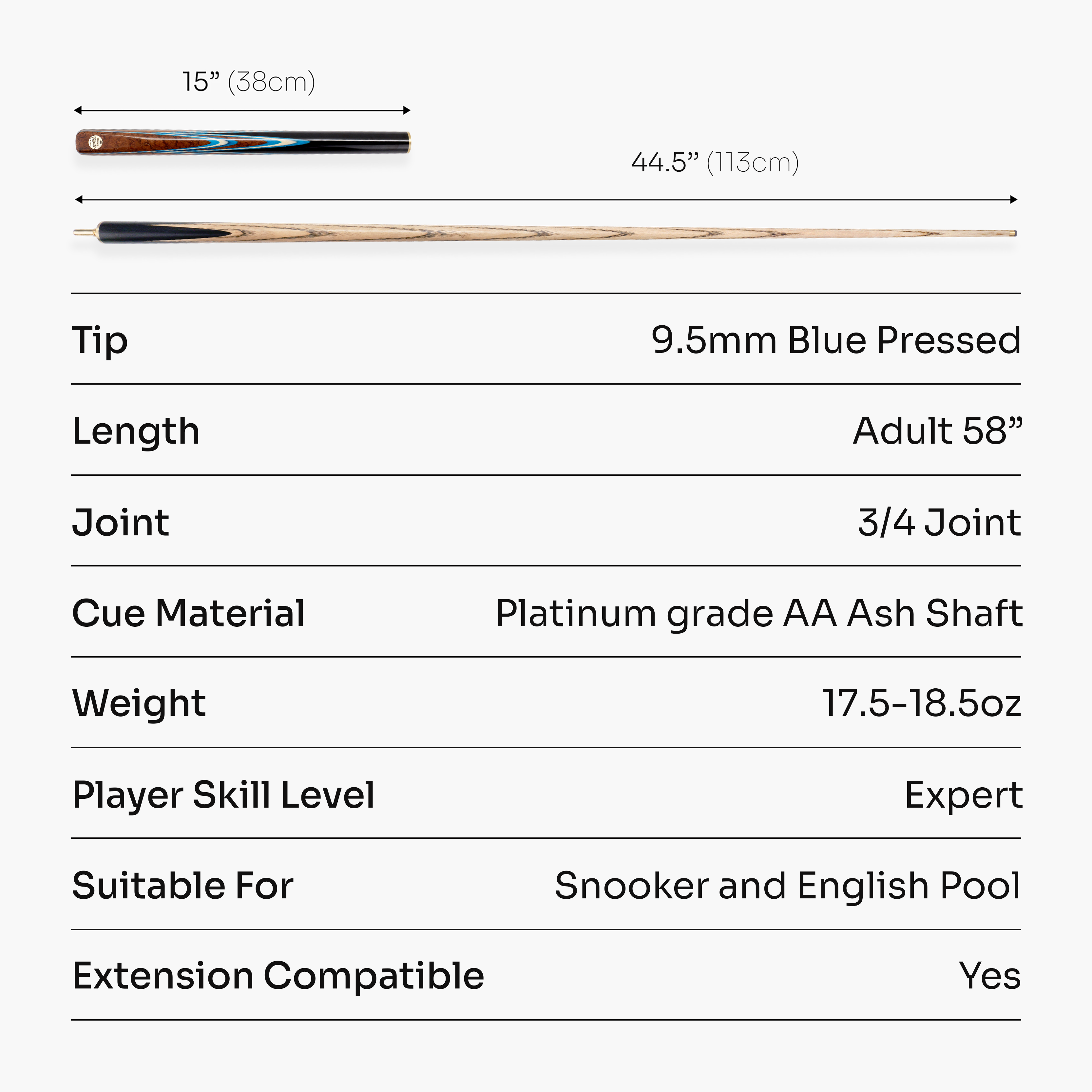Baize Master Platinum Series Majestique 58 Inch ¾ Joint Hand Spliced Luxury Ash Snooker and Pool Cue with 9.5mm Baize Master Blue Pressed Tip and Genuine Ebony Butt