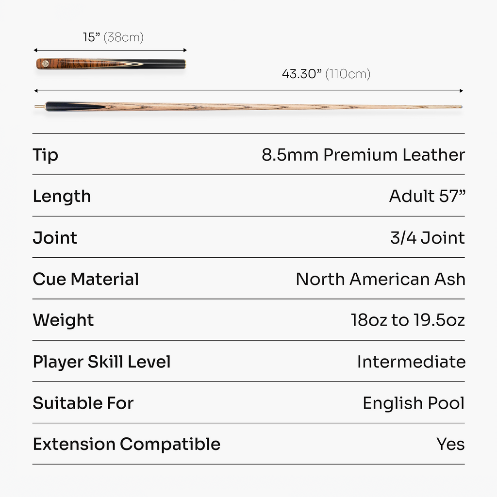 Baize Master Tiger Marksman ¾ Joint English Pool Cue with 8.5mm Baize Master Blue Pressed Tip