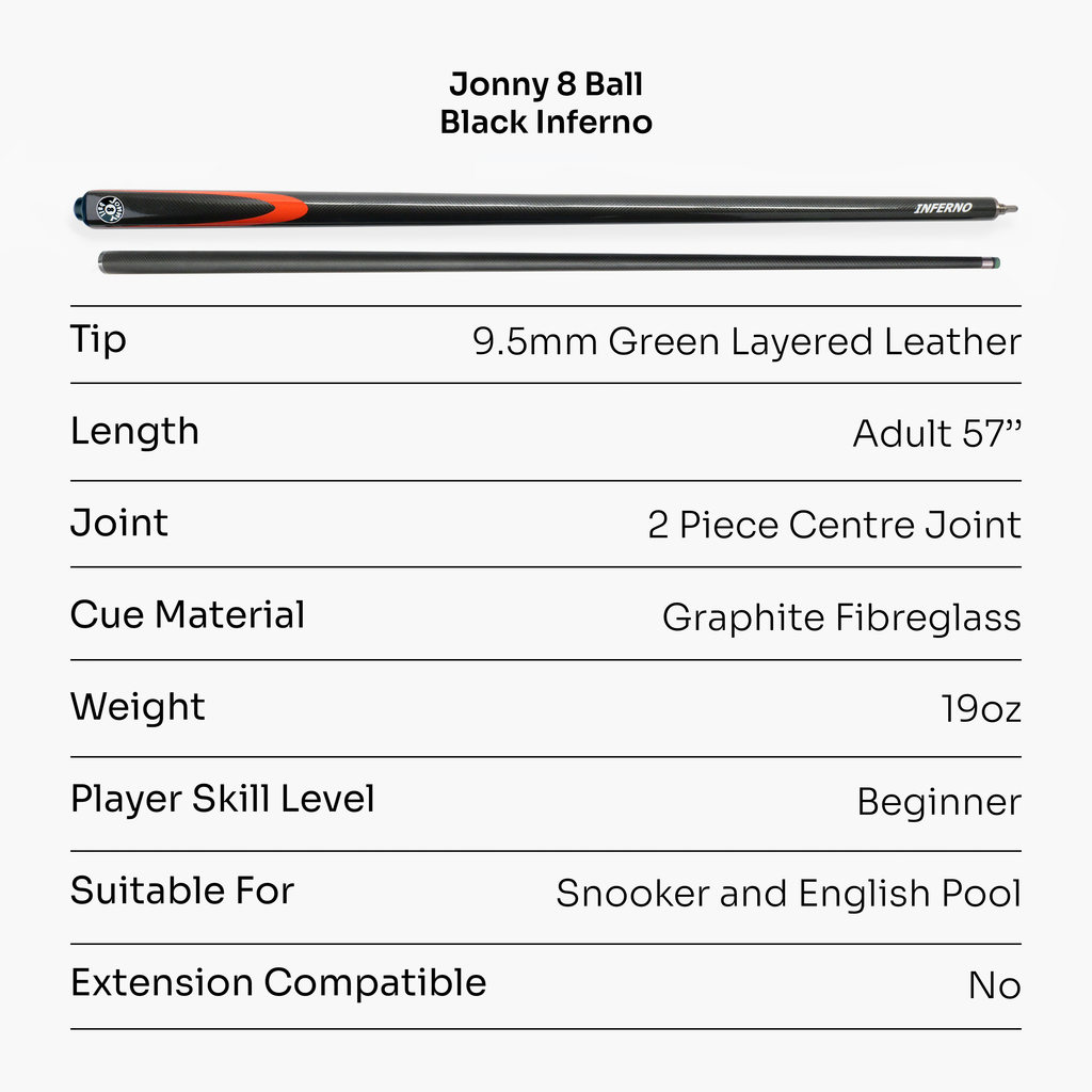 Jonny 8 Ball Inferno 2 Piece Graphite Fiberglass Snooker and Pool Cue 9.5mm Green Layered Tip