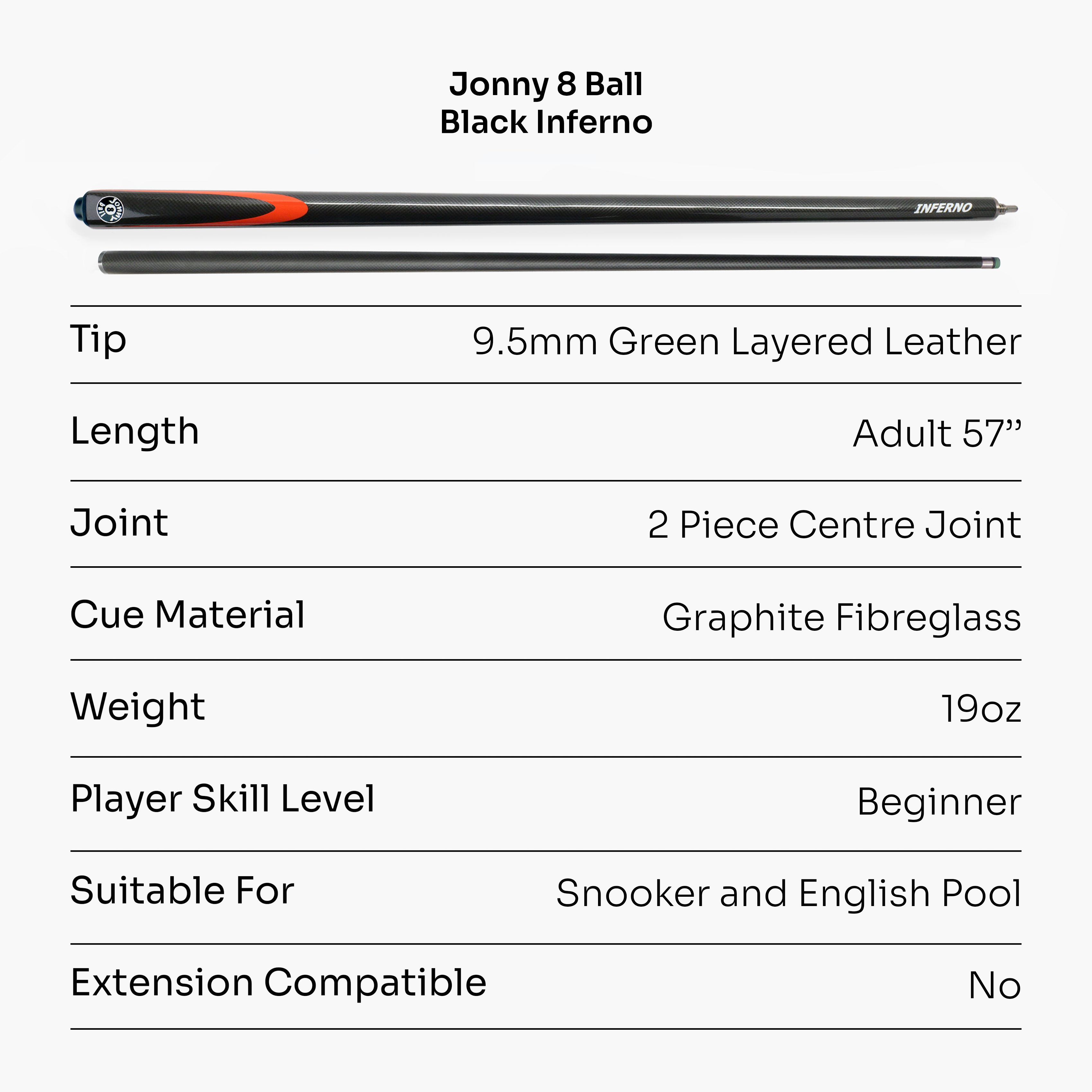 Jonny 8 Ball Inferno 2 Piece Graphite Fiberglass Snooker and Pool Cue 9.5mm Green Layered Tip