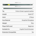 Jonny 8 Ball Inferno 2 Piece Graphite Fiberglass Snooker and Pool Cue 9.5mm Green Layered Tip