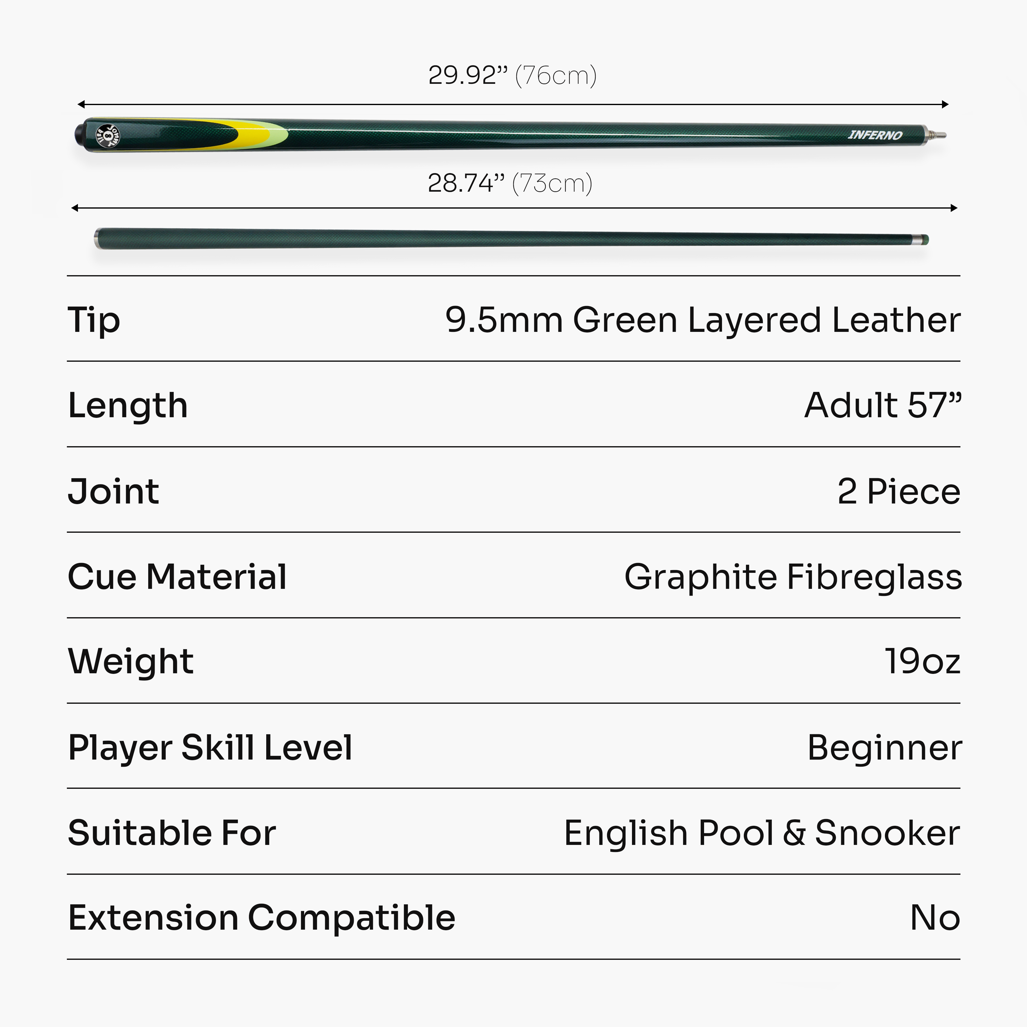 Jonny 8 Ball Inferno 2 Piece Graphite Fiberglass Snooker and Pool Cue 9.5mm Green Layered Tip