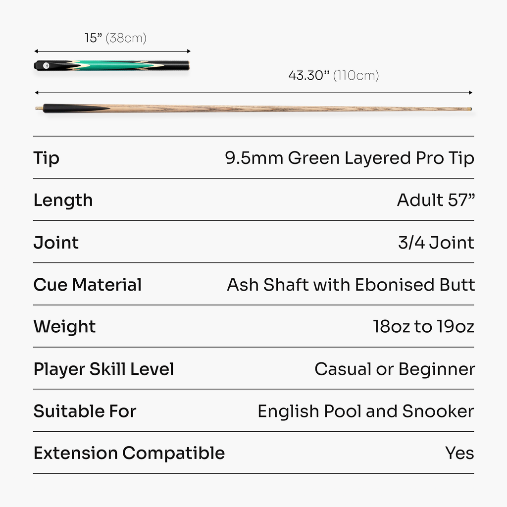 PRO147 Lancet 3/4 Joint Snooker and Pool Cue and Case Set with 9.5mm Green Layered Tip