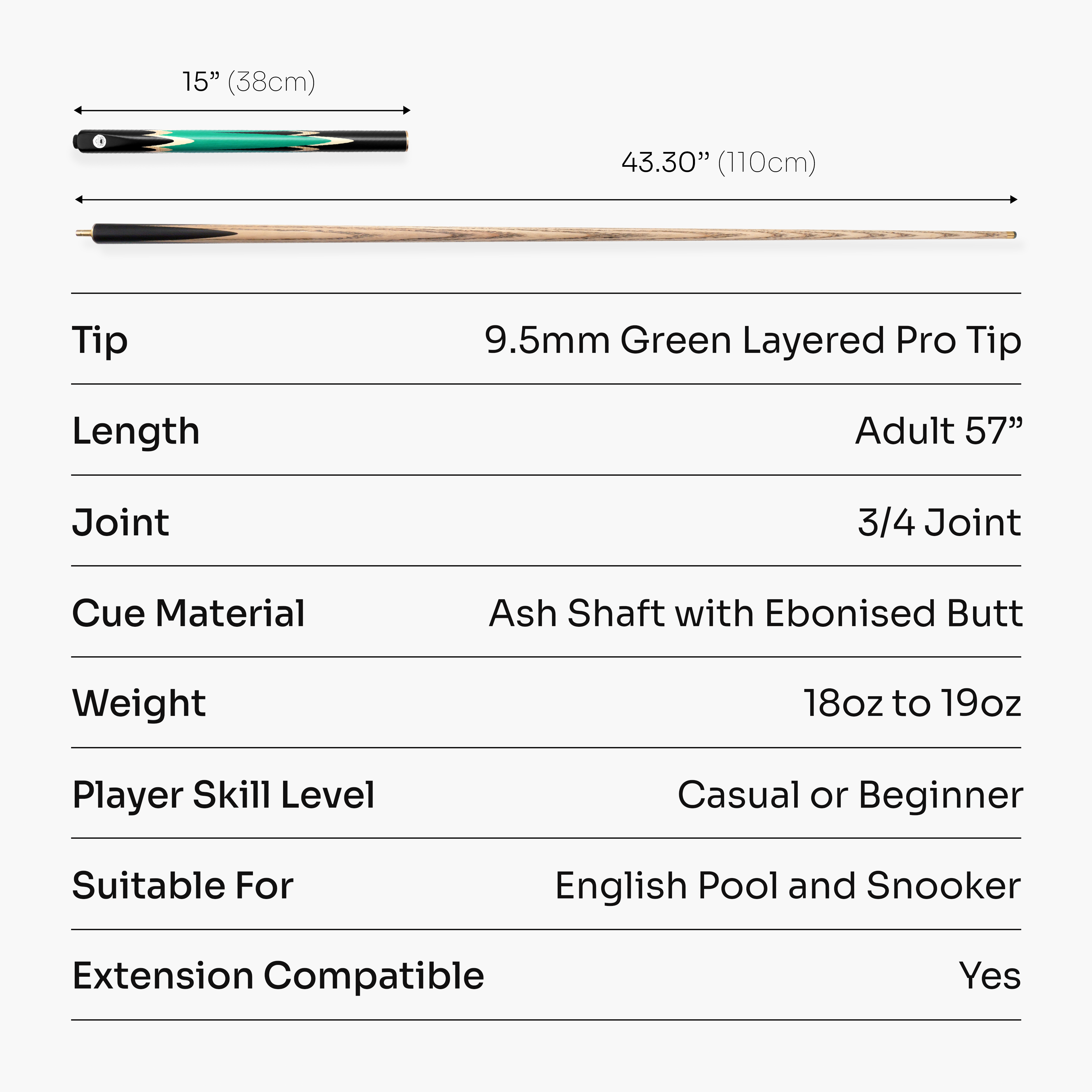 PRO147 Lancet 3/4 Joint Snooker and Pool Cue and Case Set with 9.5mm Green Layered Tip