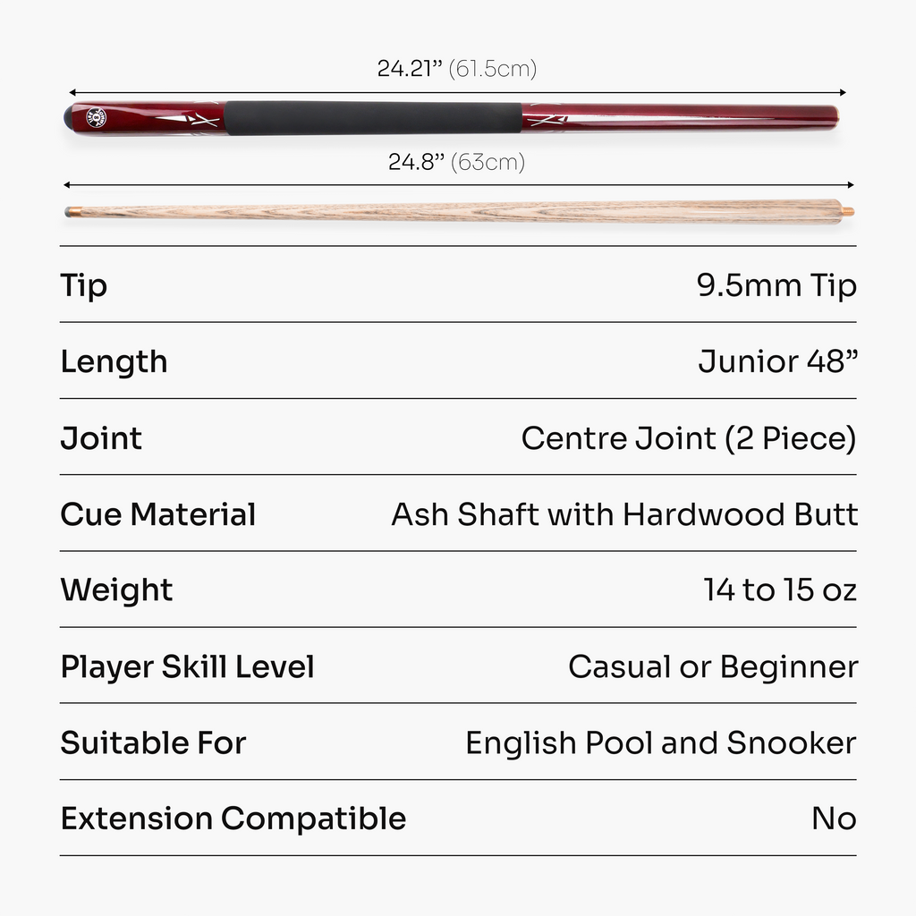 Jonny 8 Ball RED TORPEDO 48 Inch 2 Piece Junior Kids Snooker Pool Cue and Case Set 9.5mm Tip