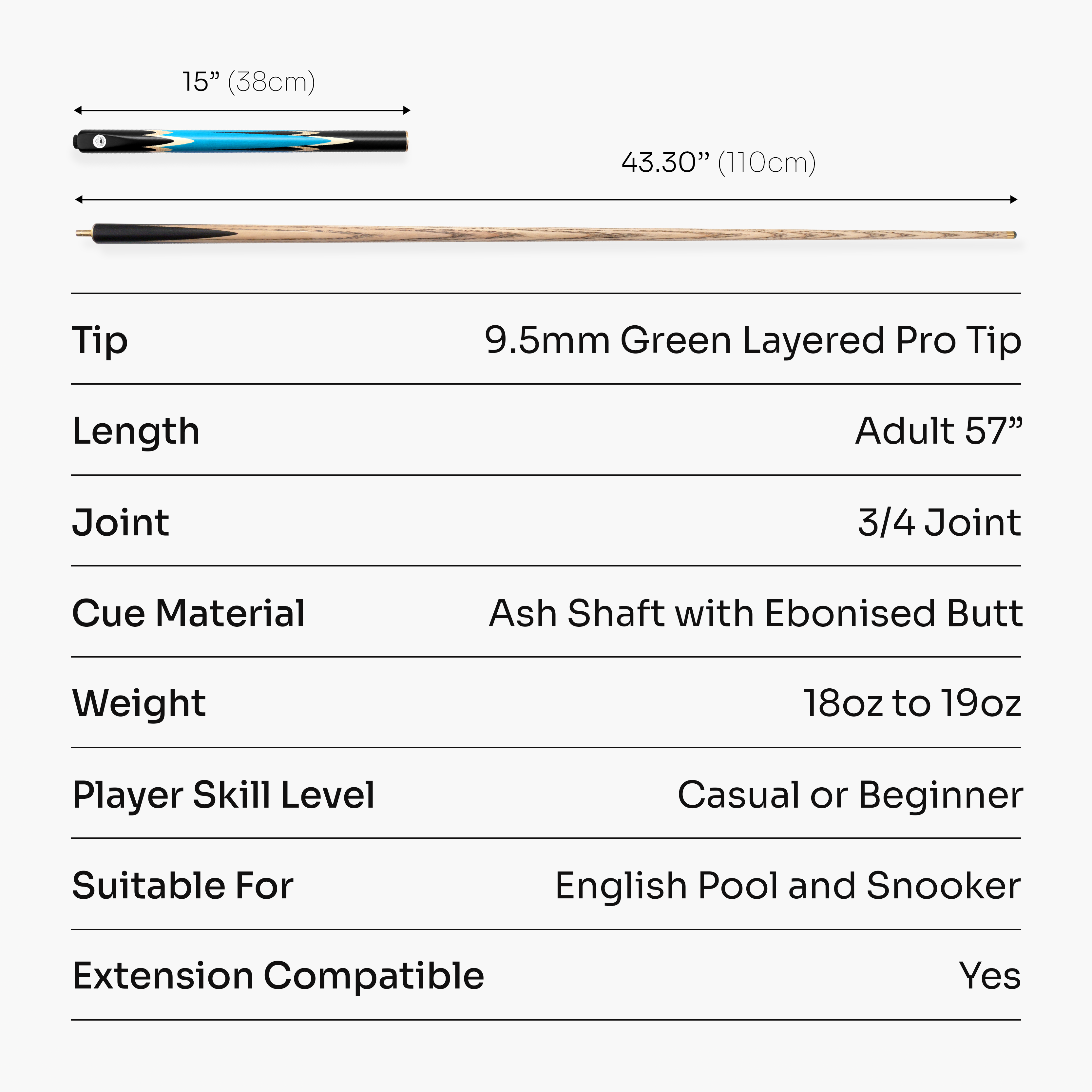 PRO147 Lancet 3/4 Joint Snooker and Pool Cue and Case Set with 9.5mm Green Layered Tip