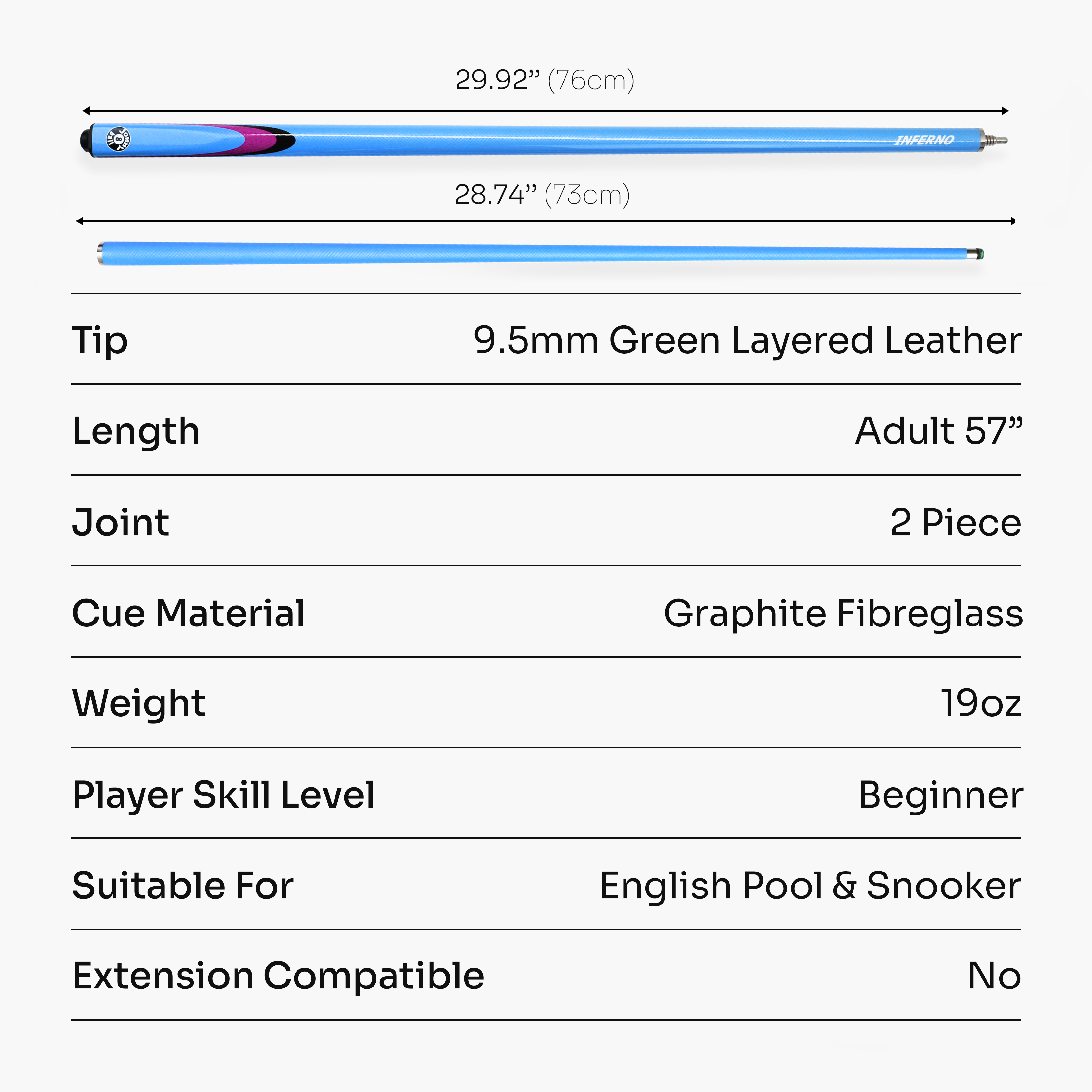 Jonny 8 Ball Inferno 2 Piece Graphite Fiberglass Snooker and Pool Cue 9.5mm Green Layered Tip