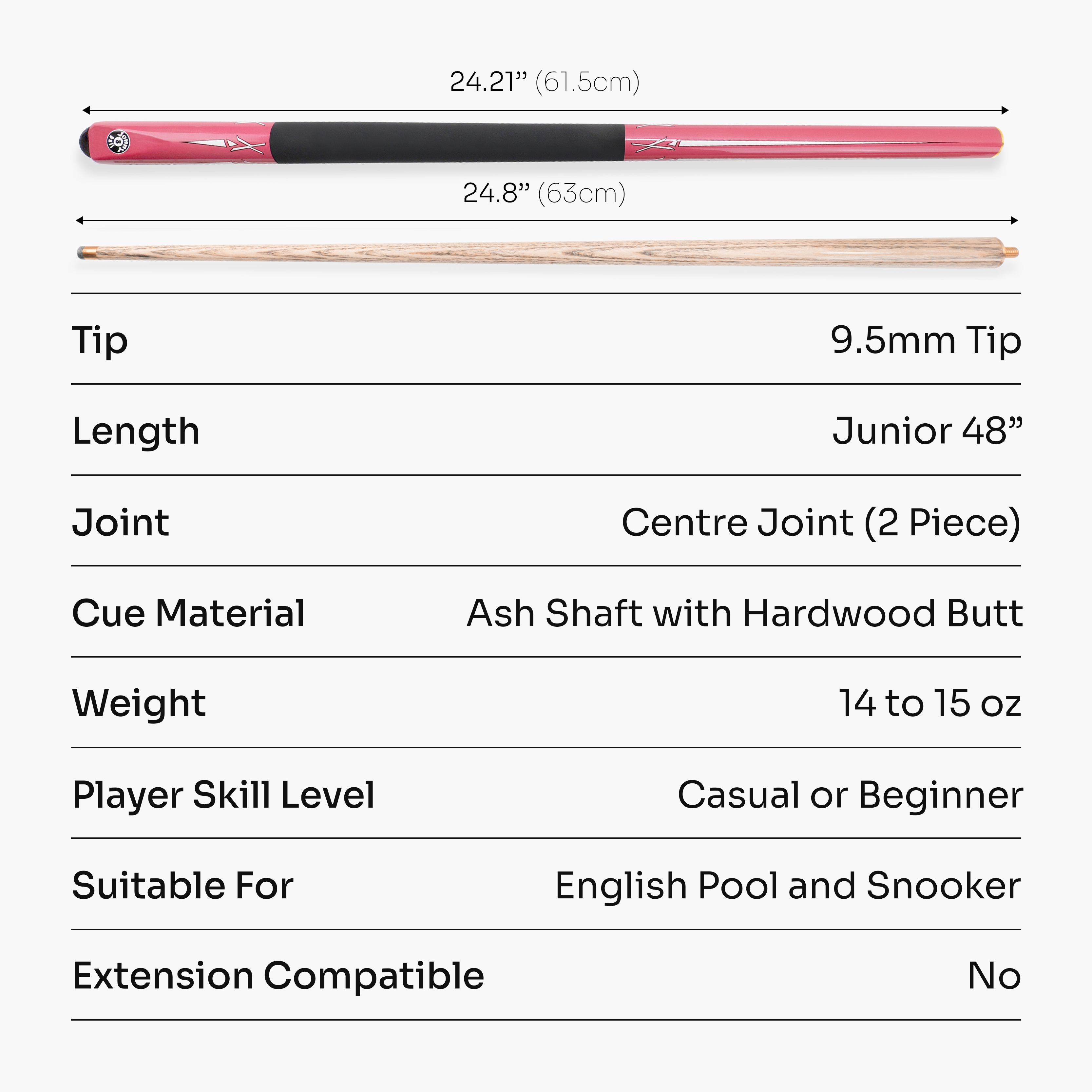 Jonny 8 Ball PINK TORPEDO 48 Inch 2 Piece Junior Kids Snooker Pool Cue and Case Set 9.5mm Tip