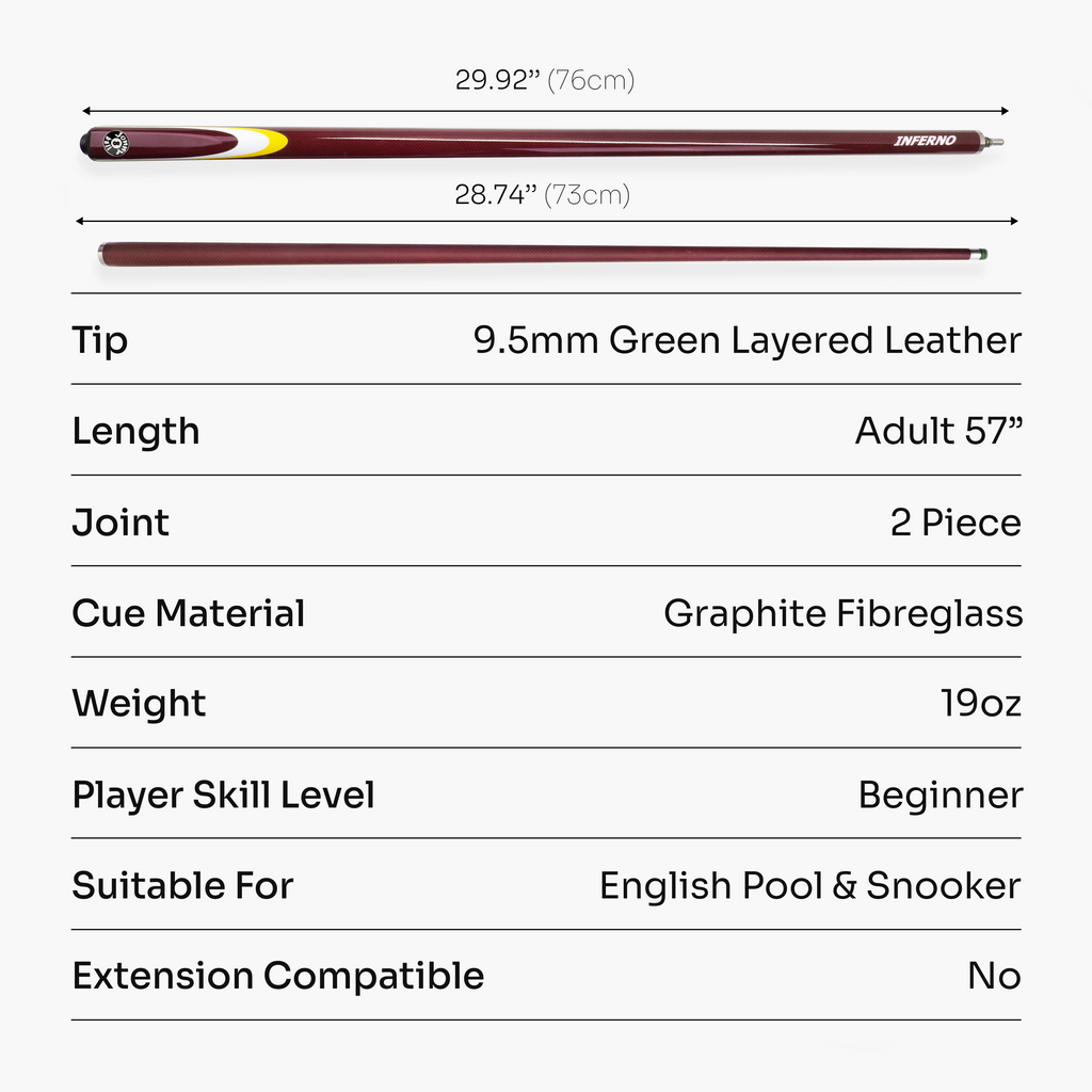 Jonny 8 Ball Inferno 2 Piece Graphite Fiberglass Snooker and Pool Cue 9.5mm Green Layered Tip