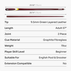 Jonny 8 Ball Inferno 2 Piece Graphite Fiberglass Snooker and Pool Cue 9.5mm Green Layered Tip