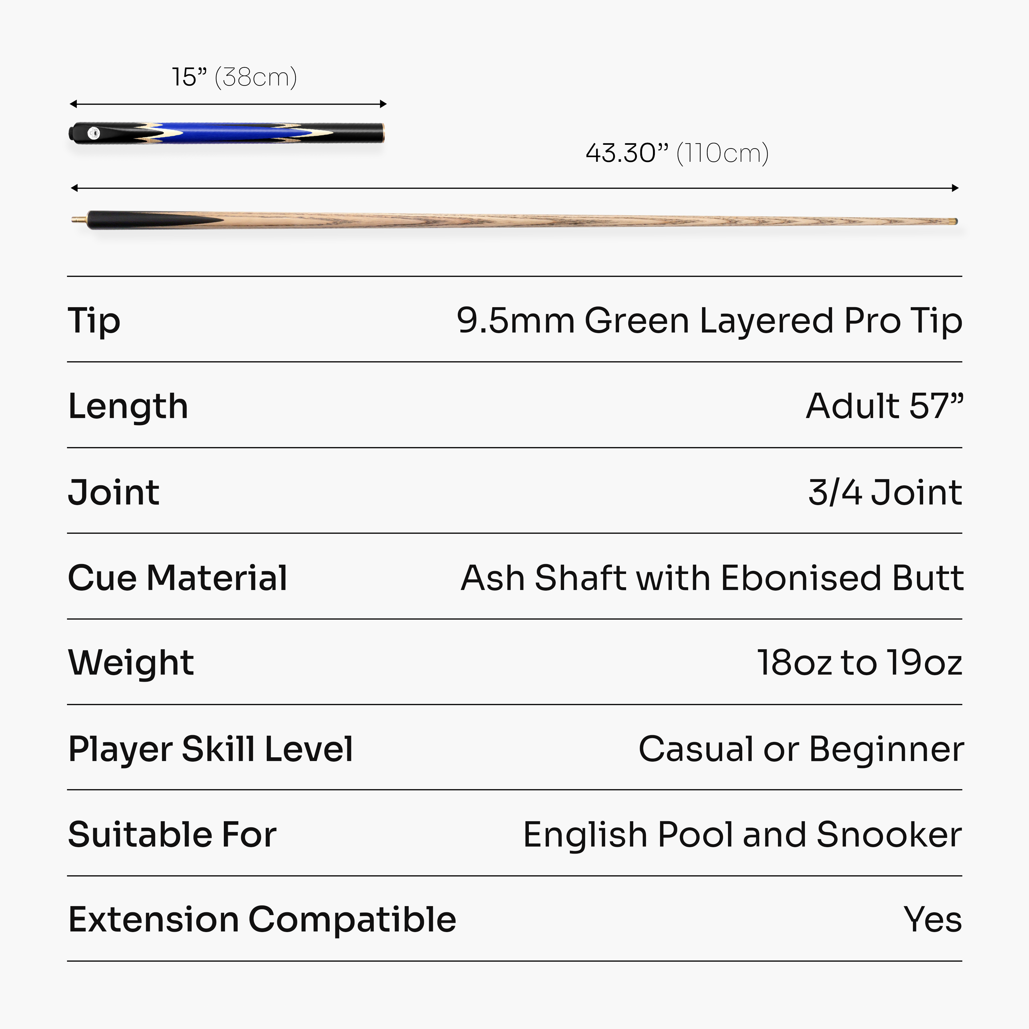 PRO147 Lancet 3/4 Joint Snooker and Pool Cue and Case Set with 9.5mm Green Layered Tip