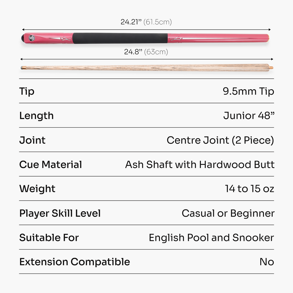 Jonny 8 Ball PINK TORPEDO 48 Inch 2 Piece Junior Kids Snooker Pool Cue 9.5mm Tip