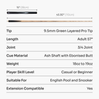 PRO147 Striker 3/4 Jointed Snooker and Pool Cue and Case Standard Set with 9.5mm Green Layered Tip