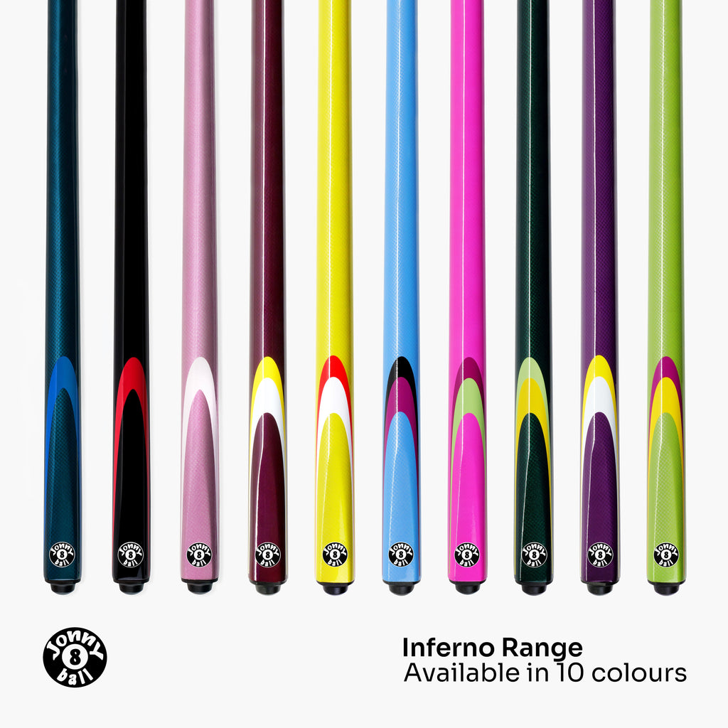 Jonny 8 Ball Inferno 2 Piece Graphite Fiberglass Snooker and Pool Cue 9.5mm Green Layered Tip