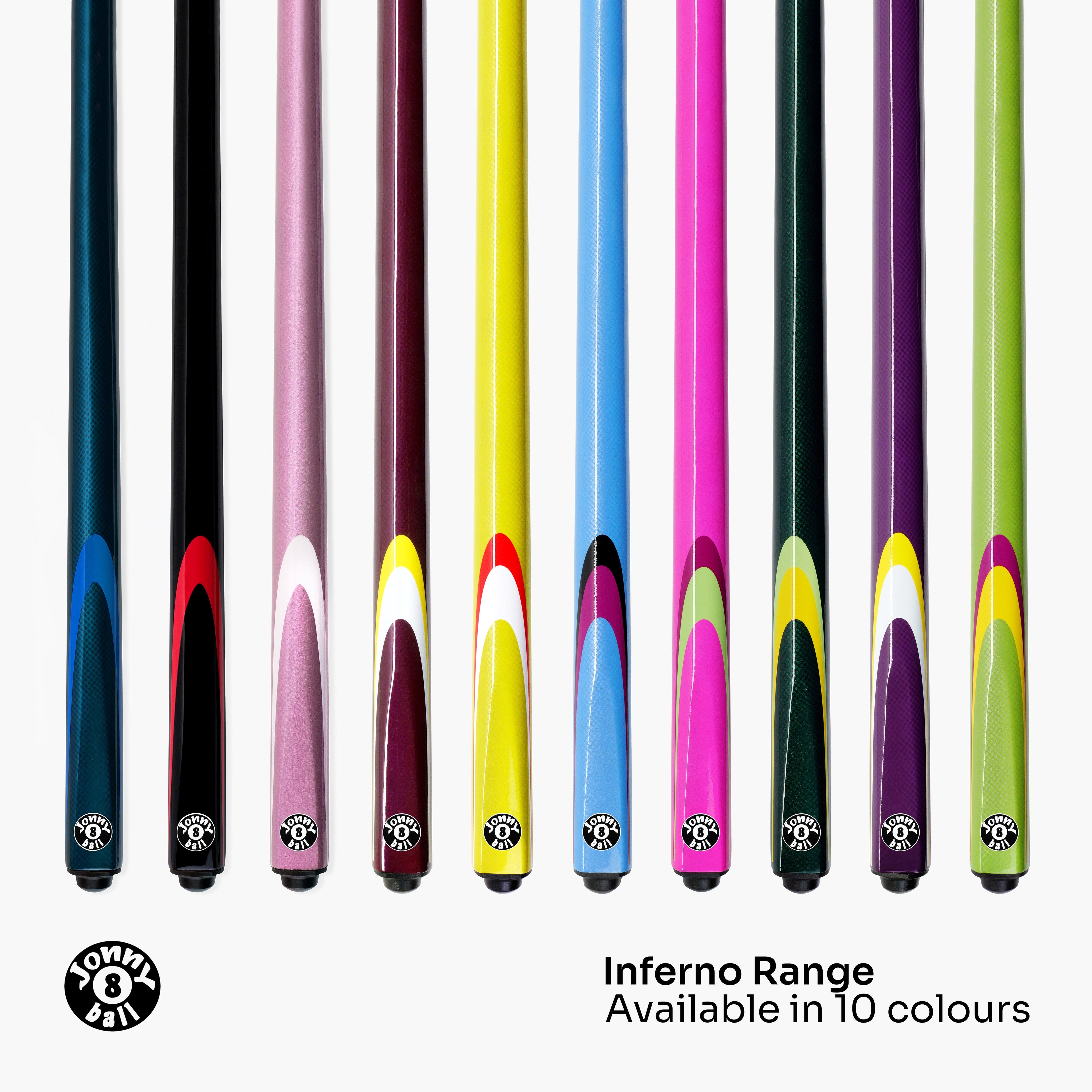 Jonny 8 Ball Inferno 2 Piece Graphite Fiberglass Snooker and Pool Cue 9.5mm Green Layered Tip