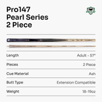 PRO147 Pearl Series Grey Hand Spliced 2 Piece 57 Inch Snooker Pool Cue with Smooth Premium Ash Shaft and Ebony Style Butt with 9.5mm Pro Leather Tip