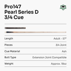 PRO147 Pearl Series Grey 57 Inch 3/4 Jointed Snooker Pool Cue 9.5mm Pro Leather Tip