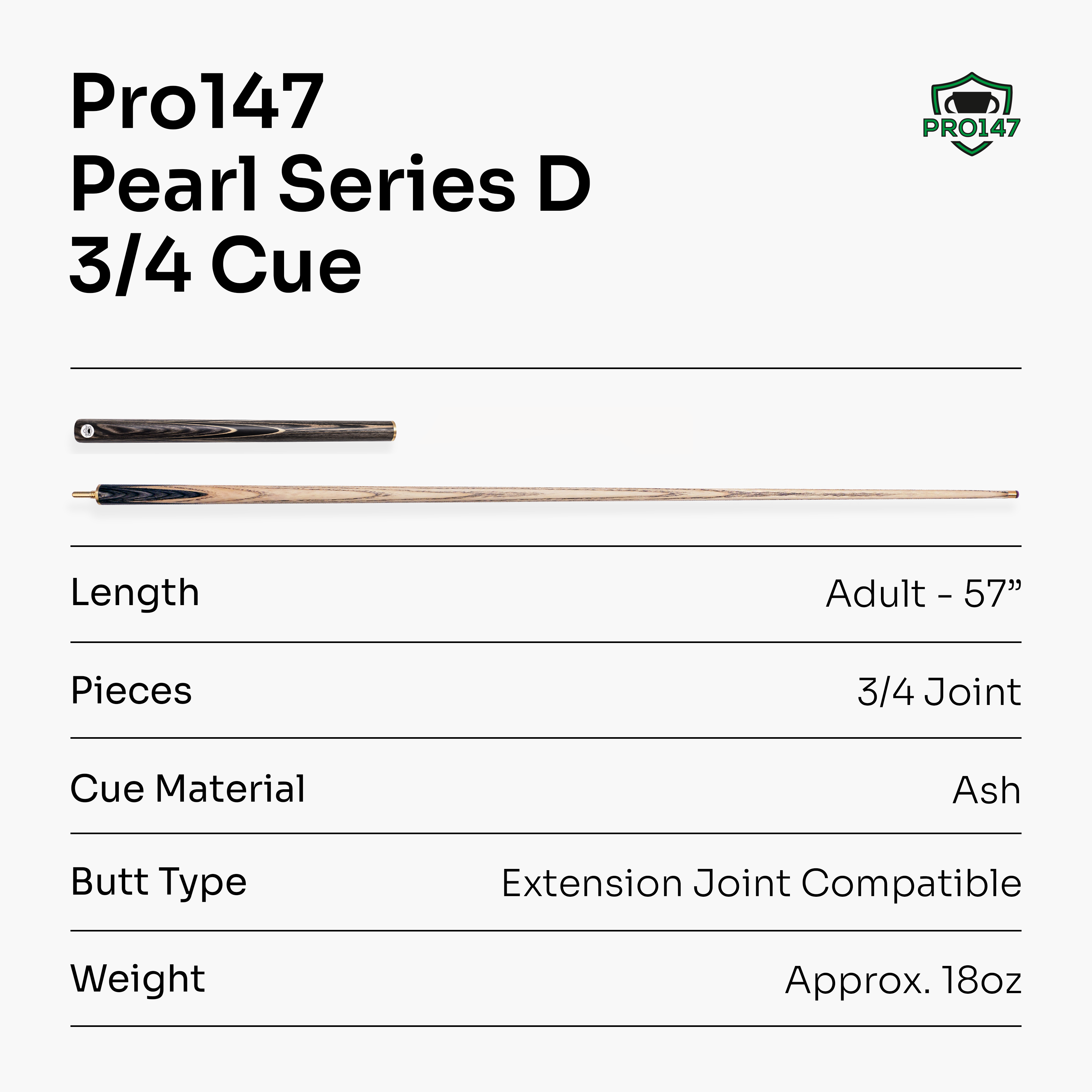 PRO147 Pearl Series Grey 57 Inch 3/4 Jointed Snooker Pool Cue 9.5mm Pro Leather Tip