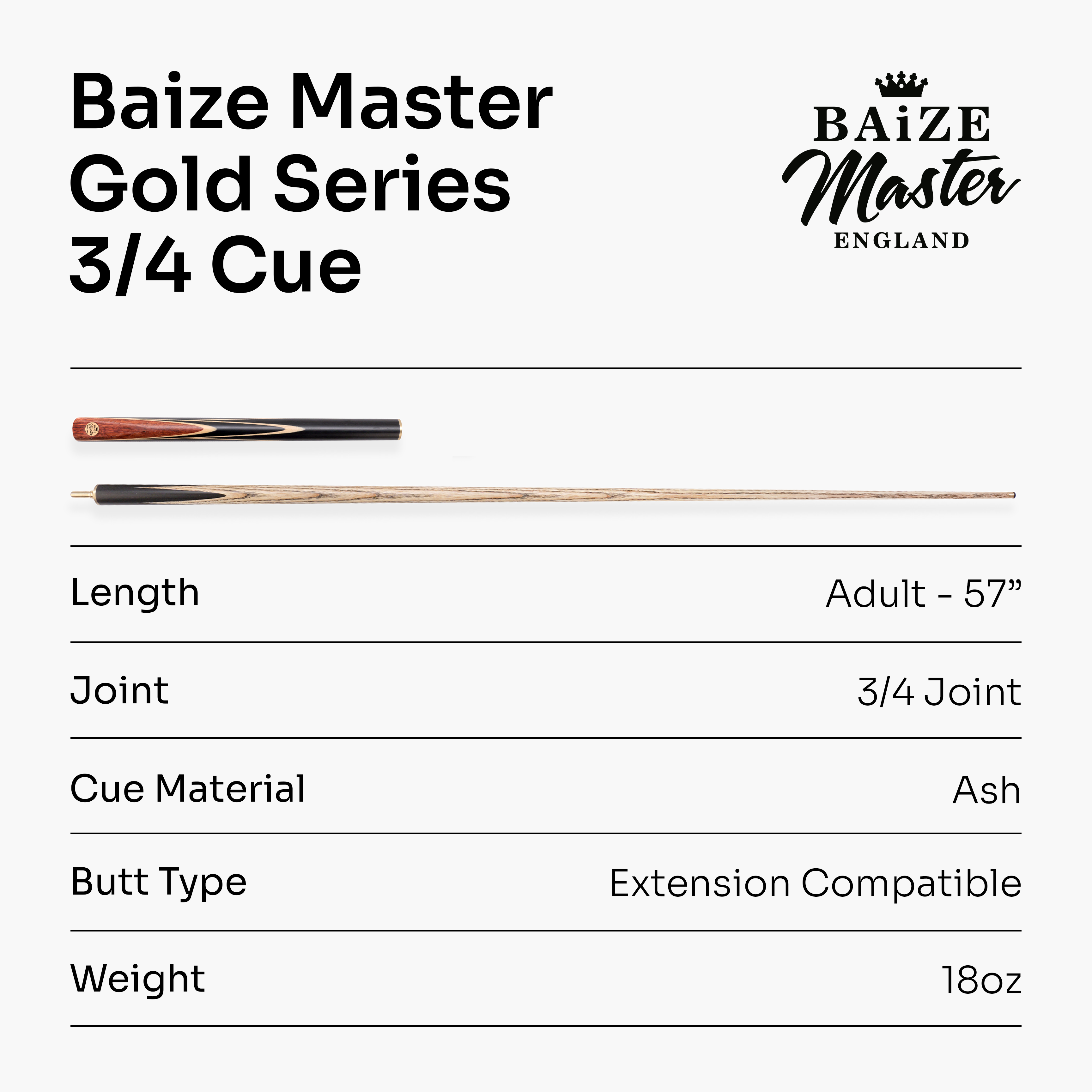 Baize Master Gold Series White Ascot 3/4 pool cue